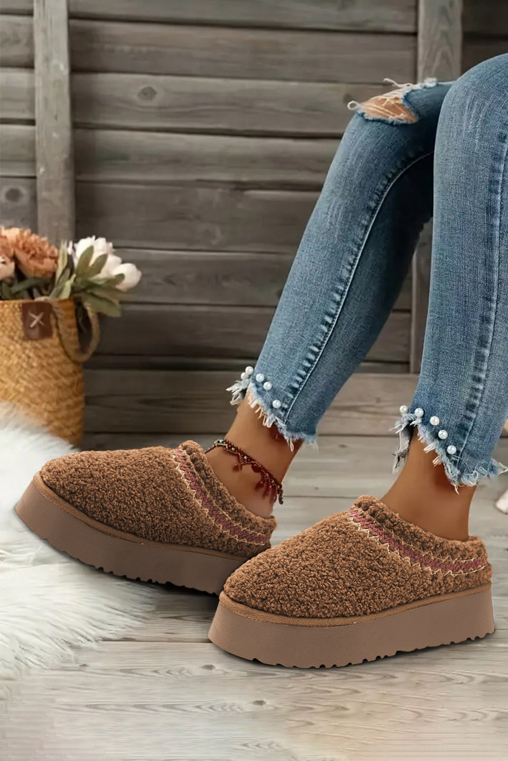 Embroidered Sherpa Plush Thick Soles