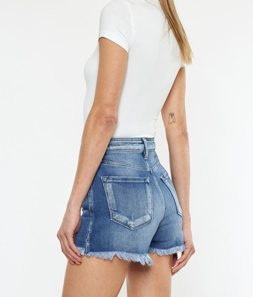 Kancan Button Fly High Rise Raw Hem Denim Shorts