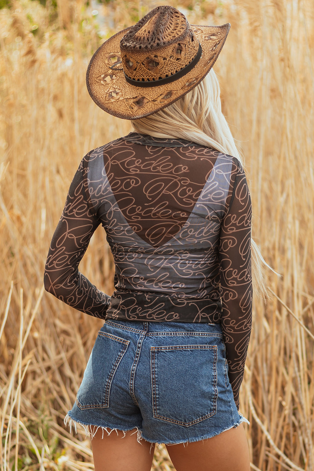 Western Rodeo Printed Mock Neck Long Sleeve Mesh Top