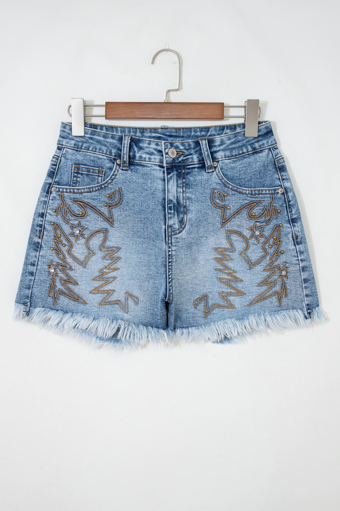 Dusk Blue Western Embroidery Stud Denim Shorts