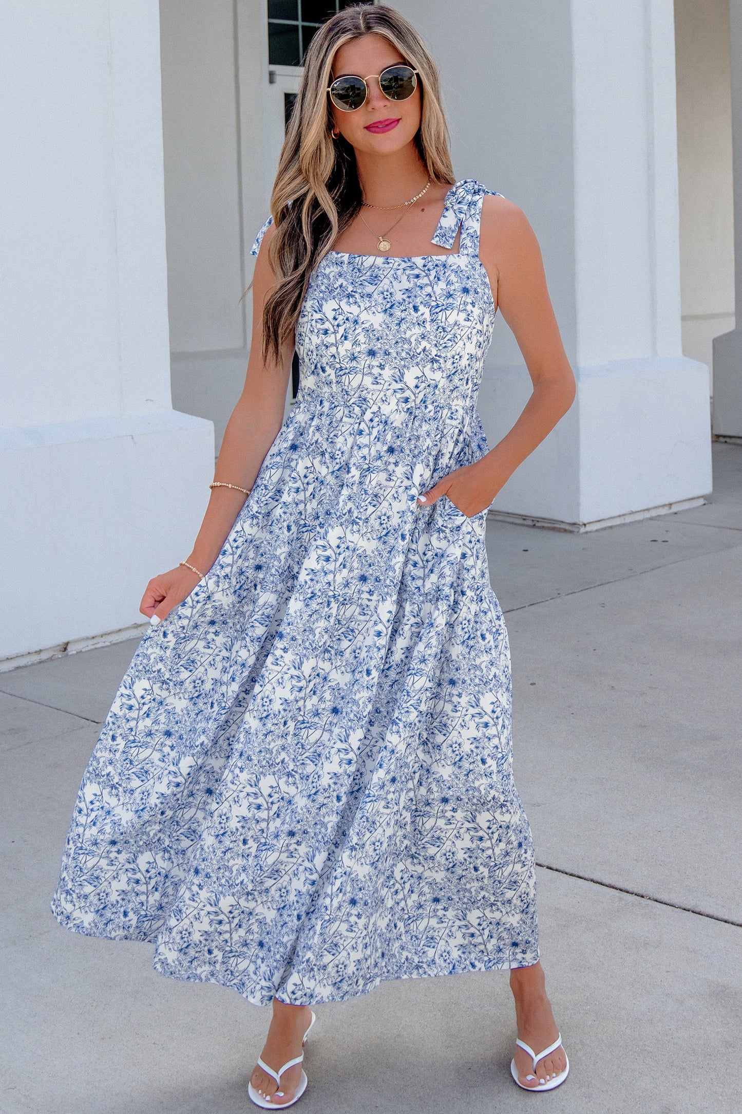 Sky Blue Floral Print Knot Flared Maxi Dress