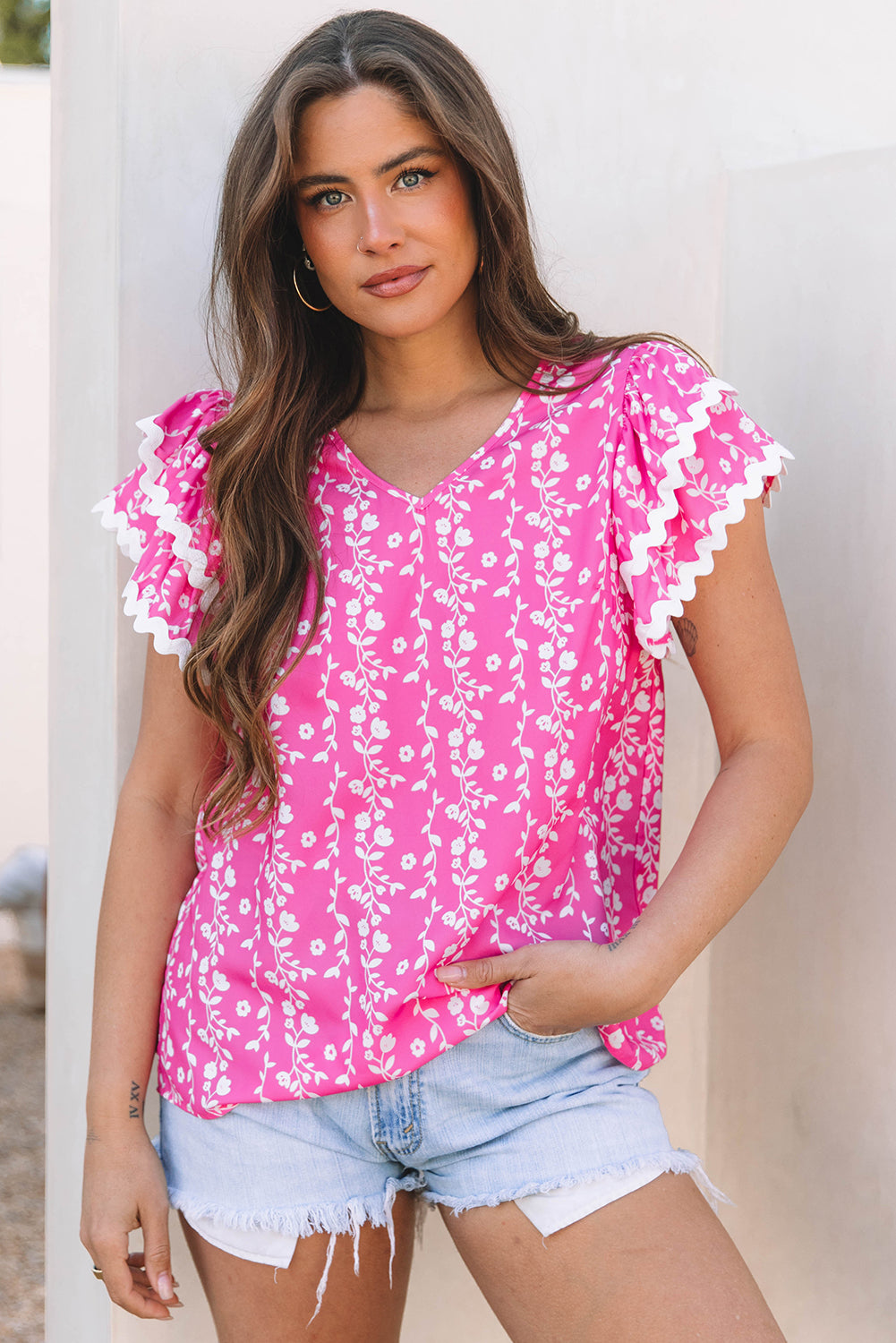 Pink Floral Print Ric-rac Tiered Ruffled V Neck Top