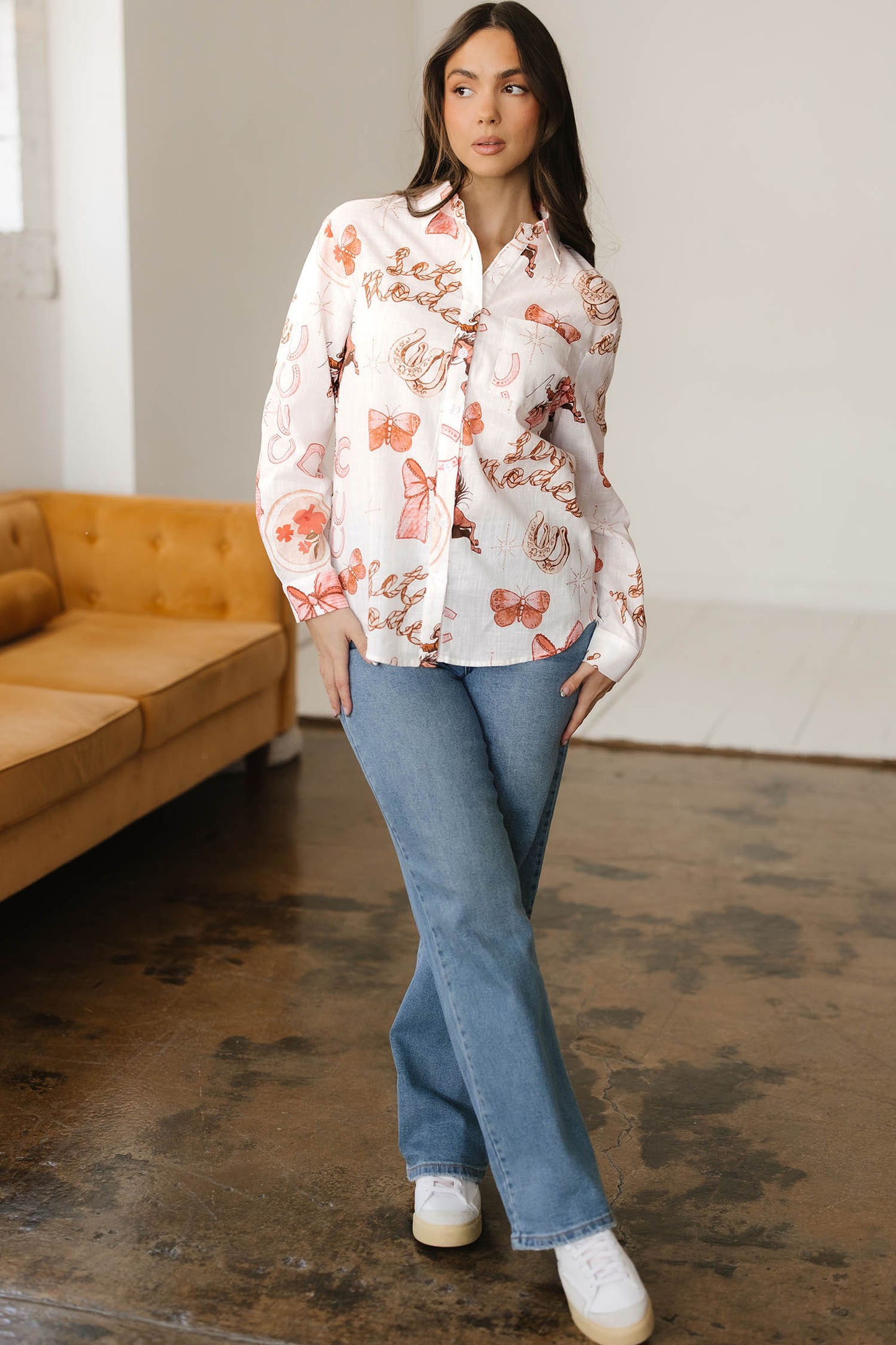 White Rodeo Cowgirl Print Western Button up Top