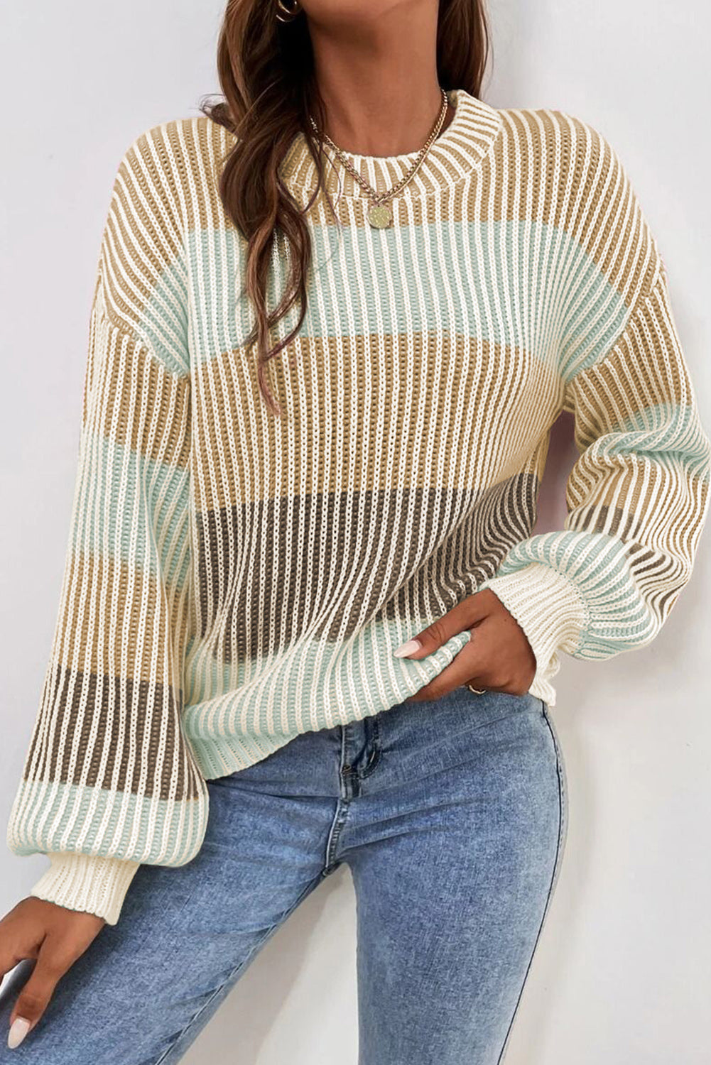 Multicolour Colorblock Textured Knit Bubble Sleeve Sweater