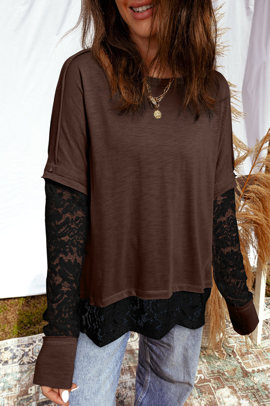 Sheer Lace Patchwork Casual Long Sleeve Tee