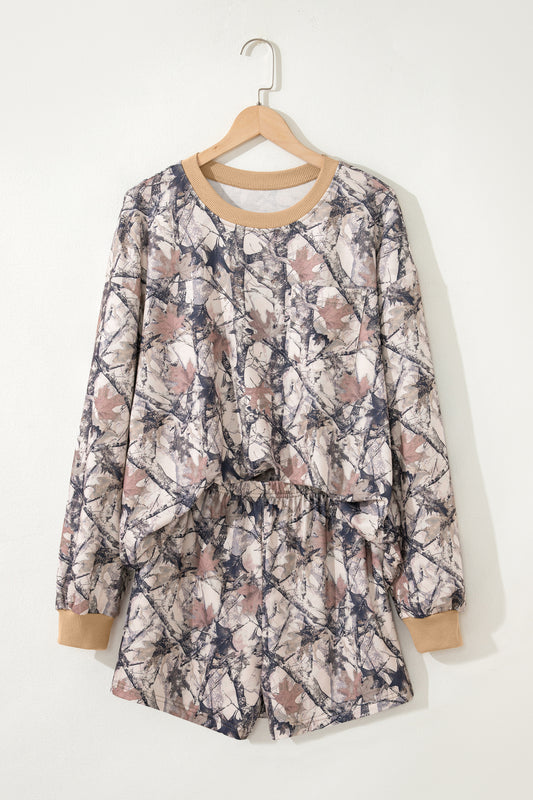 Khaki Woodland Camo Print Long Sleeve Top Casual Short Set