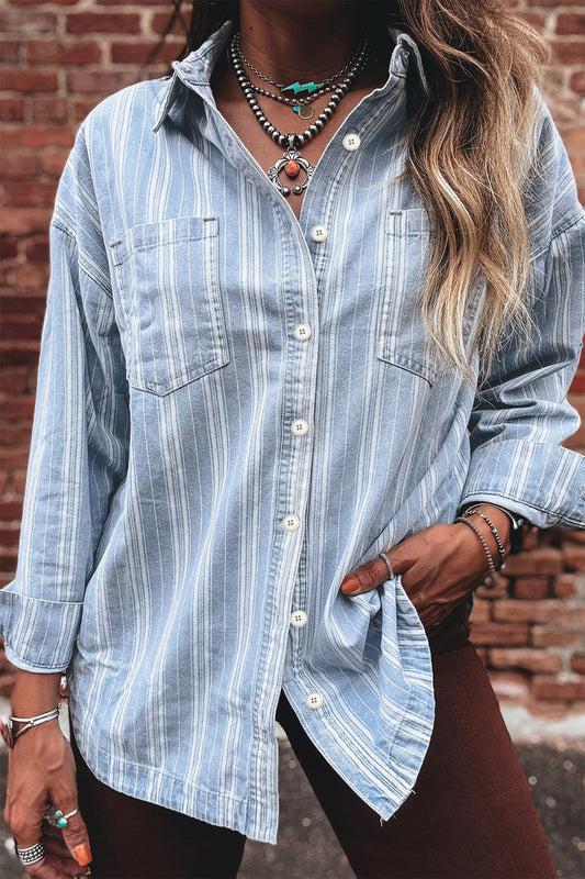 Sky Blue Stripe Boyfriend Chest Pocket Classic Denim Top