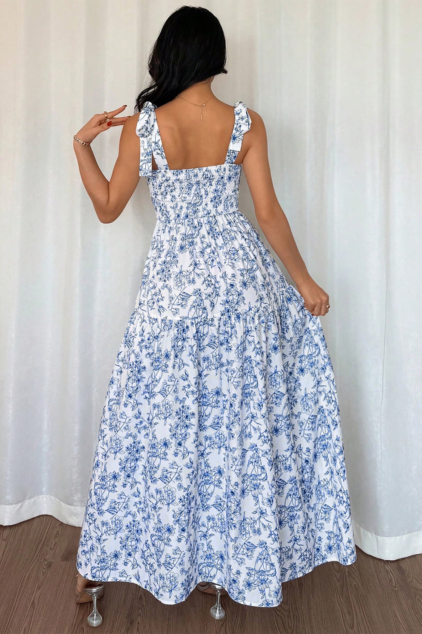 Sky Blue Floral Print Knot Flared Maxi Dress