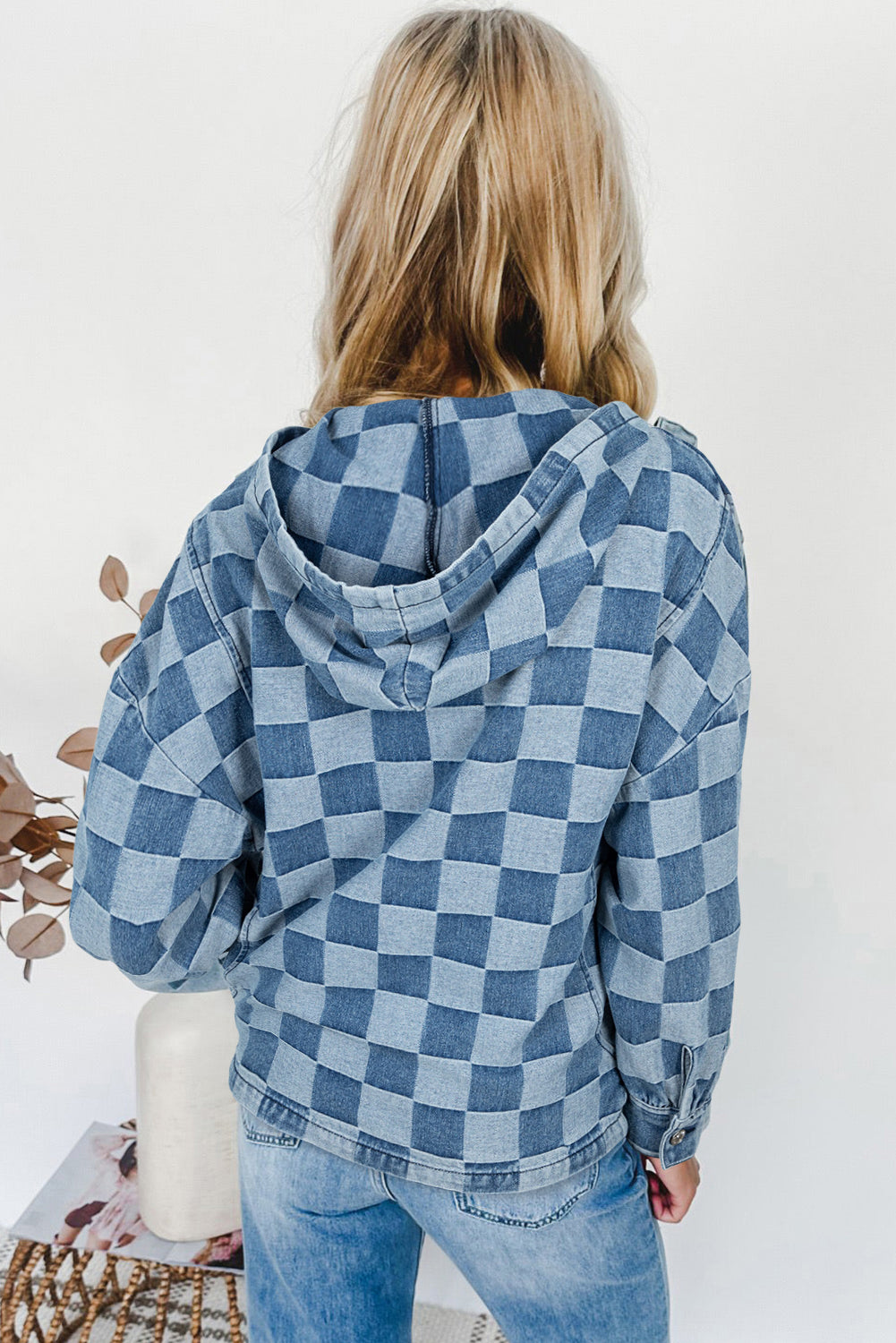 Checkerboard Denim Hooded Sweatshirt