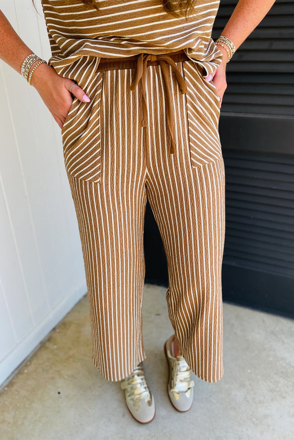Striped Drawstring Waist Cropped Pants 2 Piece Set