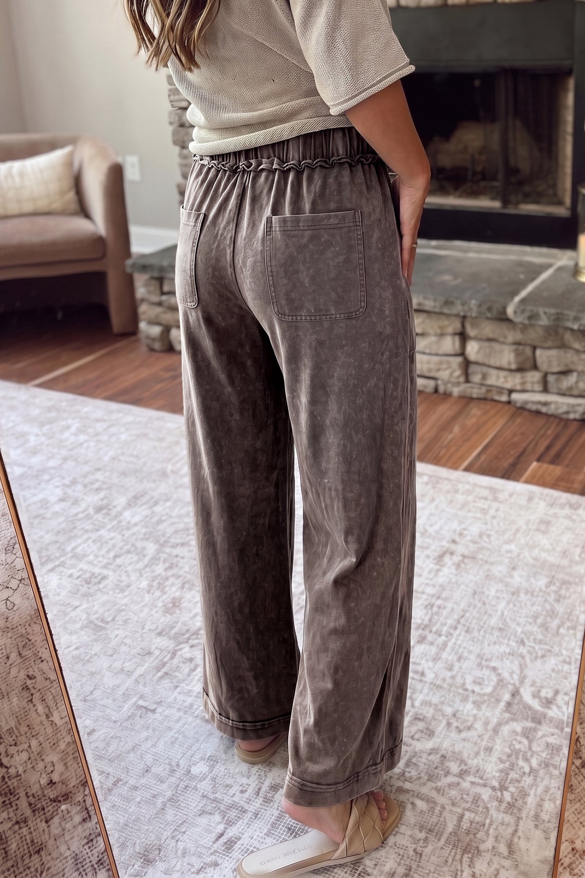 Jungle Green Mineral Wash Seam Detail Flare Leg Drawstring Pants
