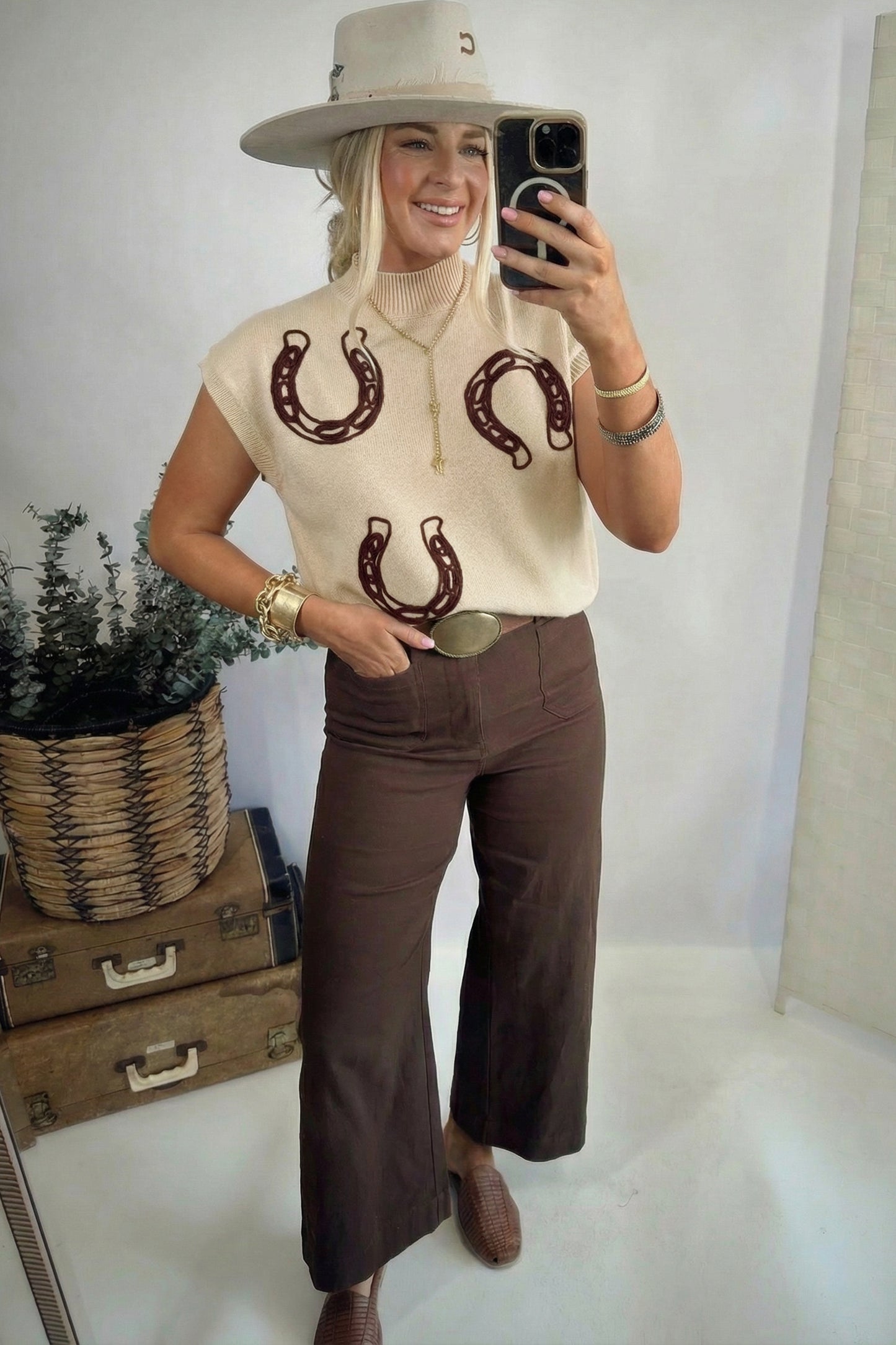 Corded Horseshoes Ribbed Trim Mock Neck Short Sleeve Sweater