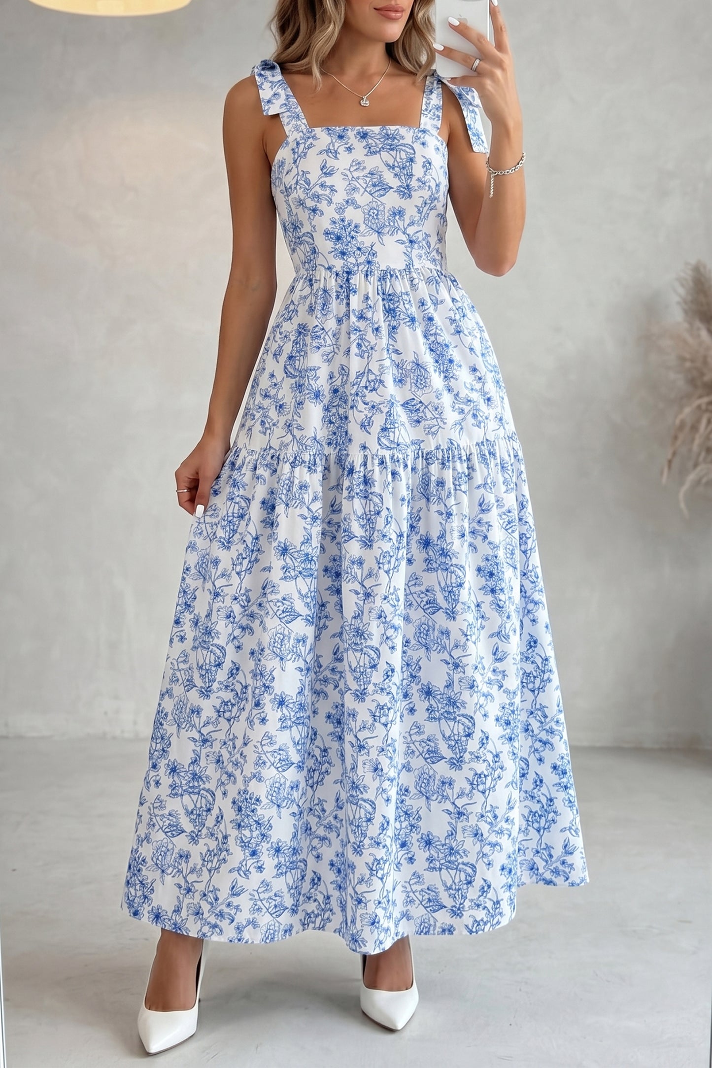 Sky Blue Floral Print Knot Flared Maxi Dress