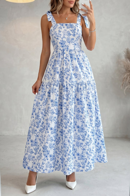 Sky Blue Floral Print Knot Flared Maxi Dress