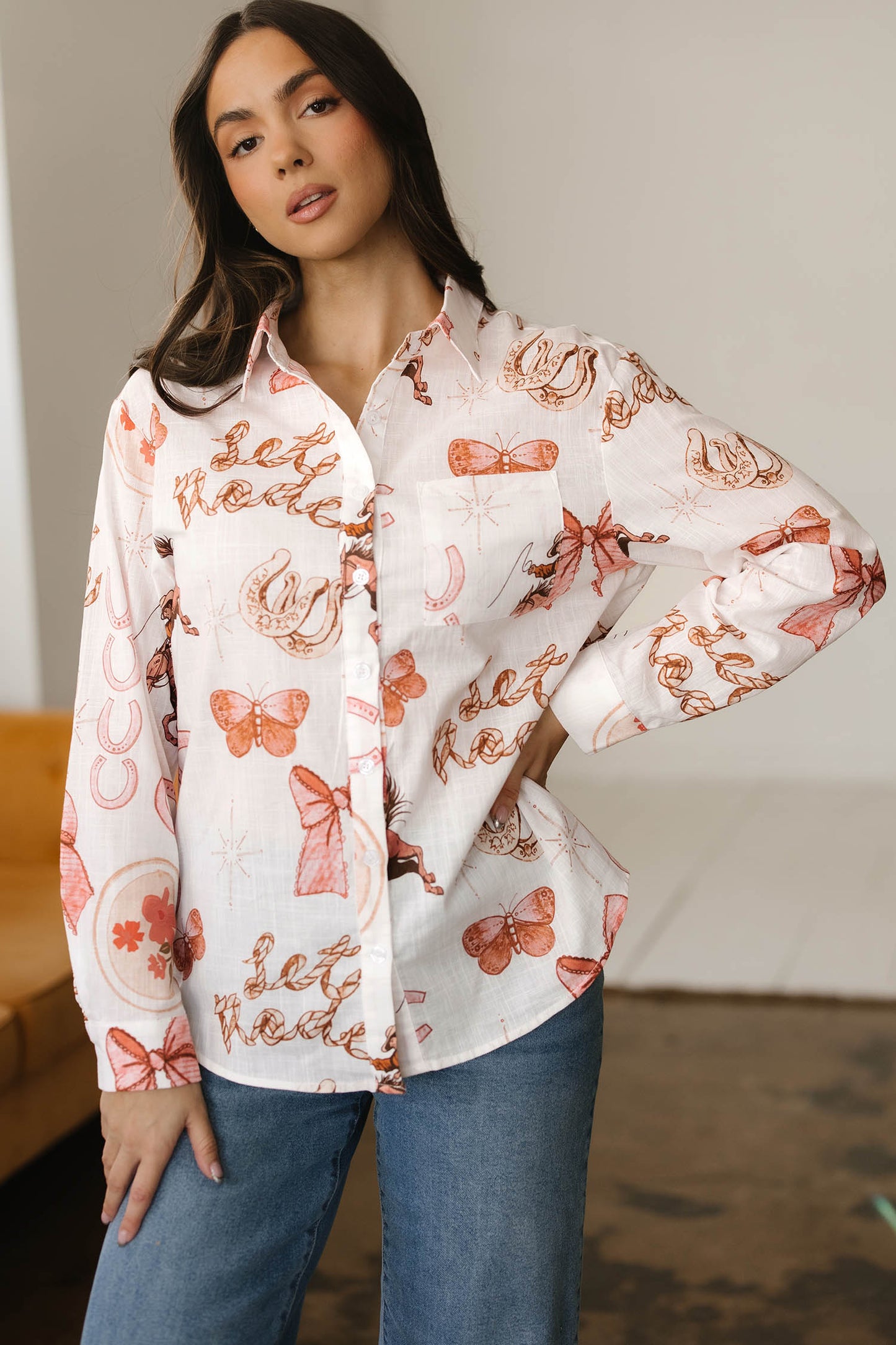 White Rodeo Cowgirl Print Western Button up Top