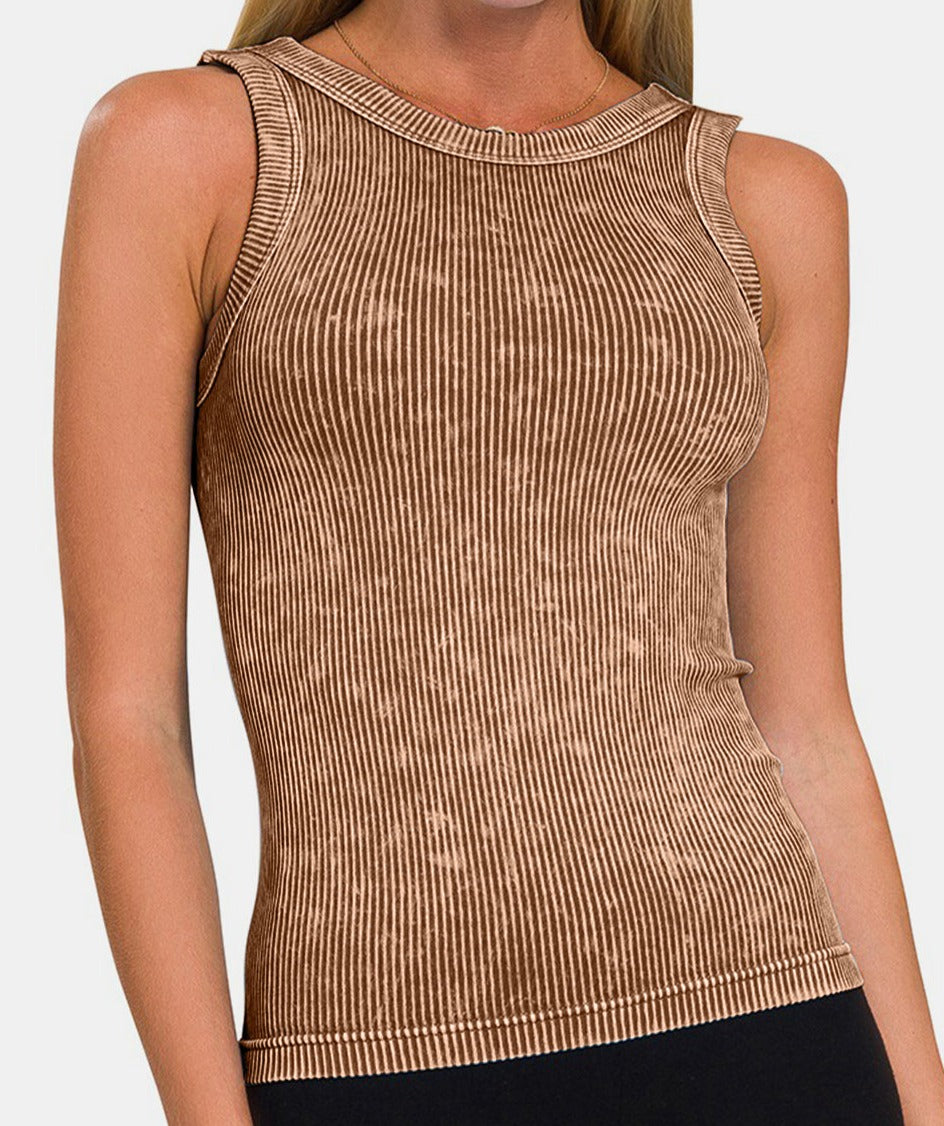 Zenana 2 Way Neckline Washed Ribbed Cropped Tank