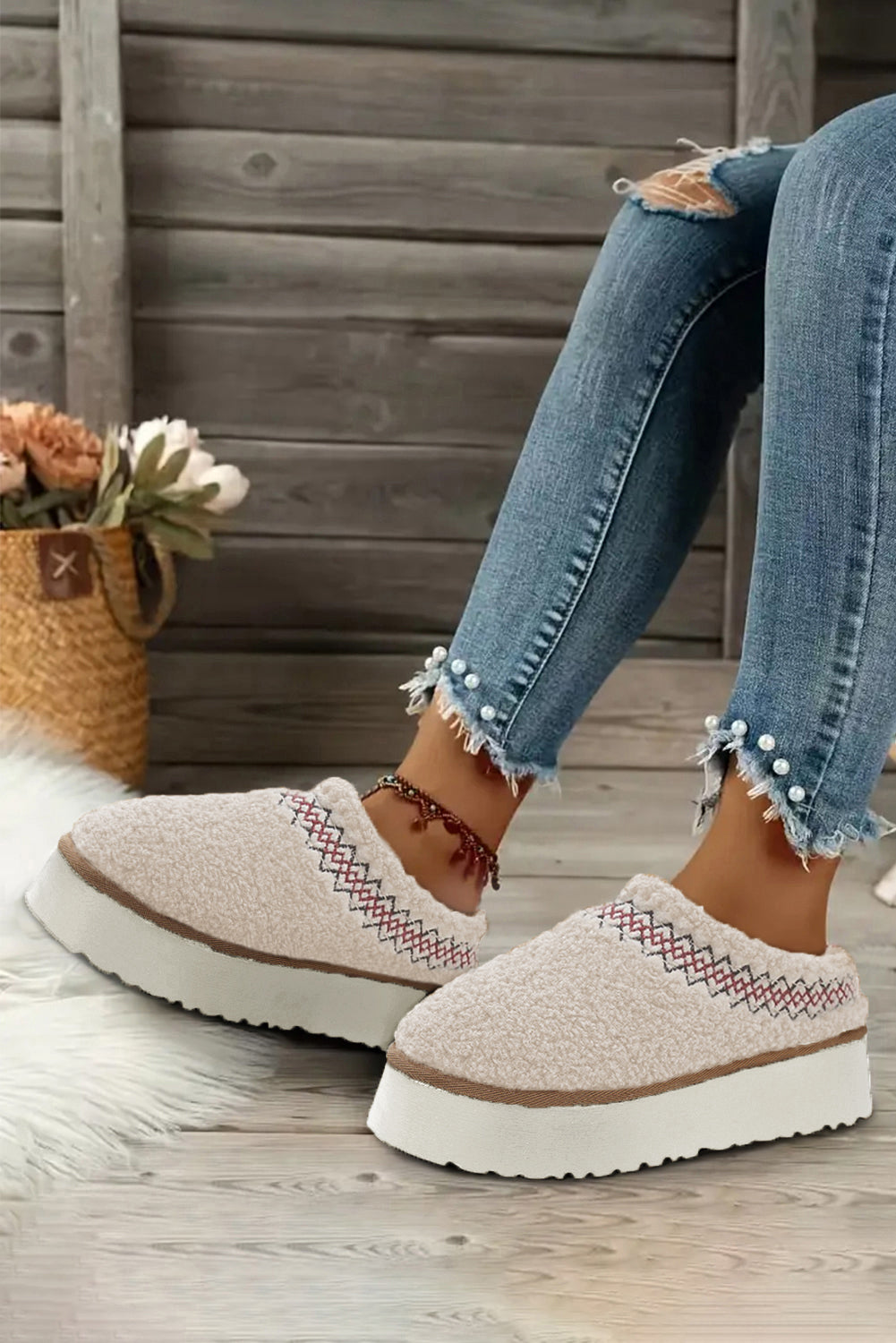 Embroidered Sherpa Plush Thick Soles