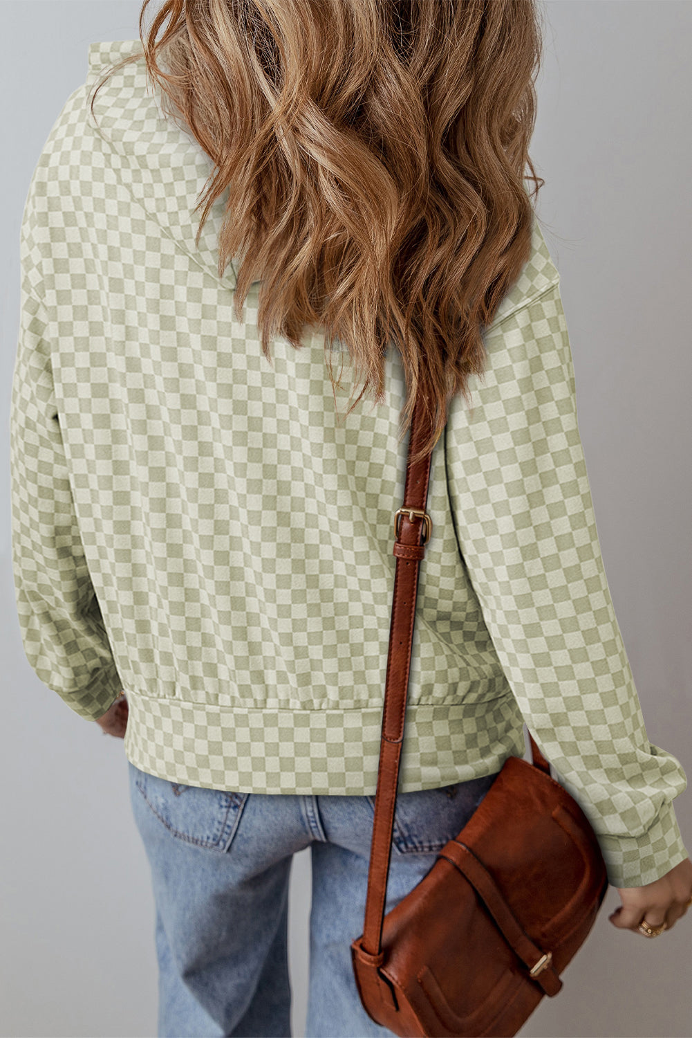 Green Checkered Drawstring Hooded Sweatshirt