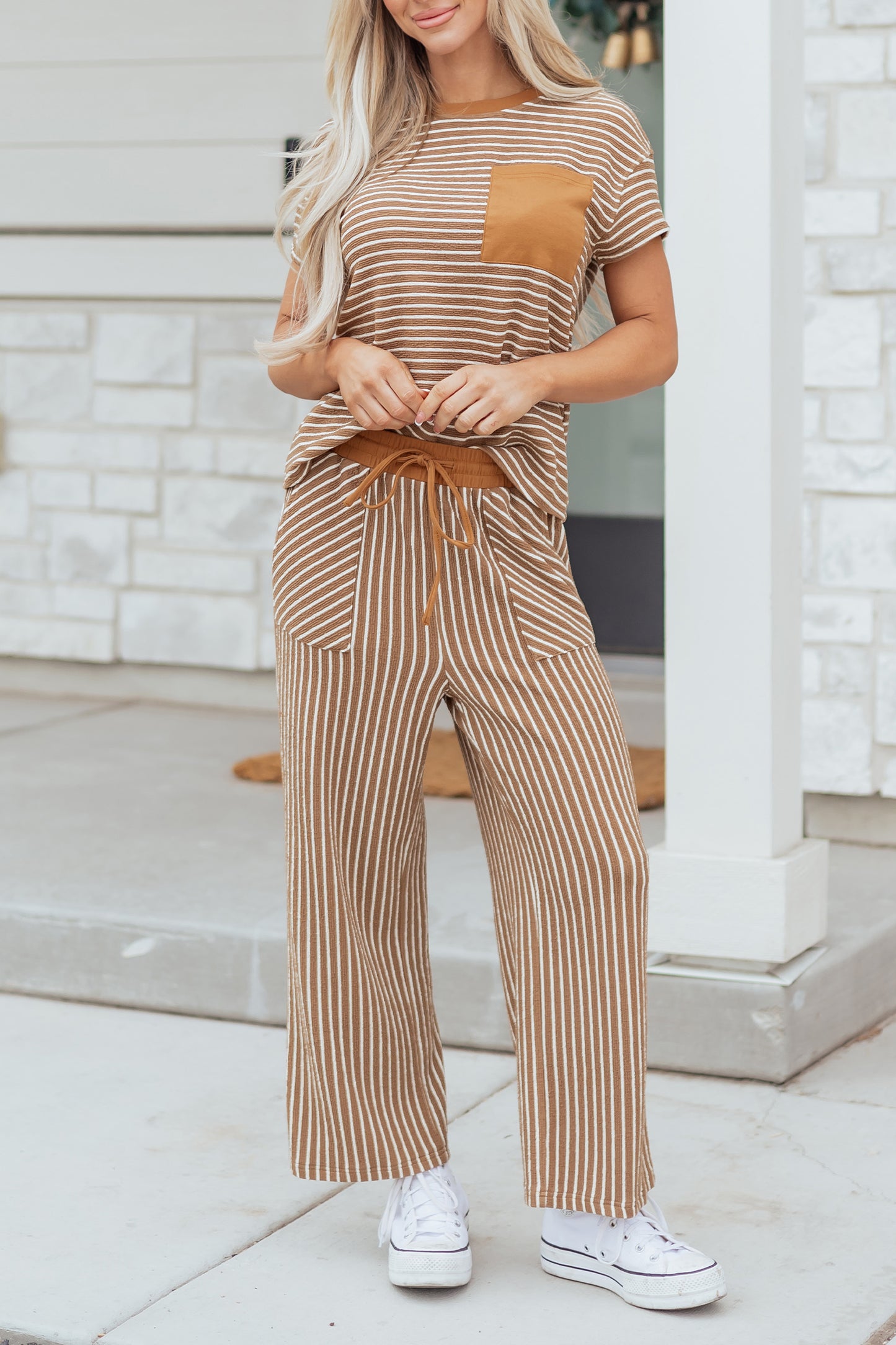 Striped Drawstring Waist Cropped Pants 2 Piece Set