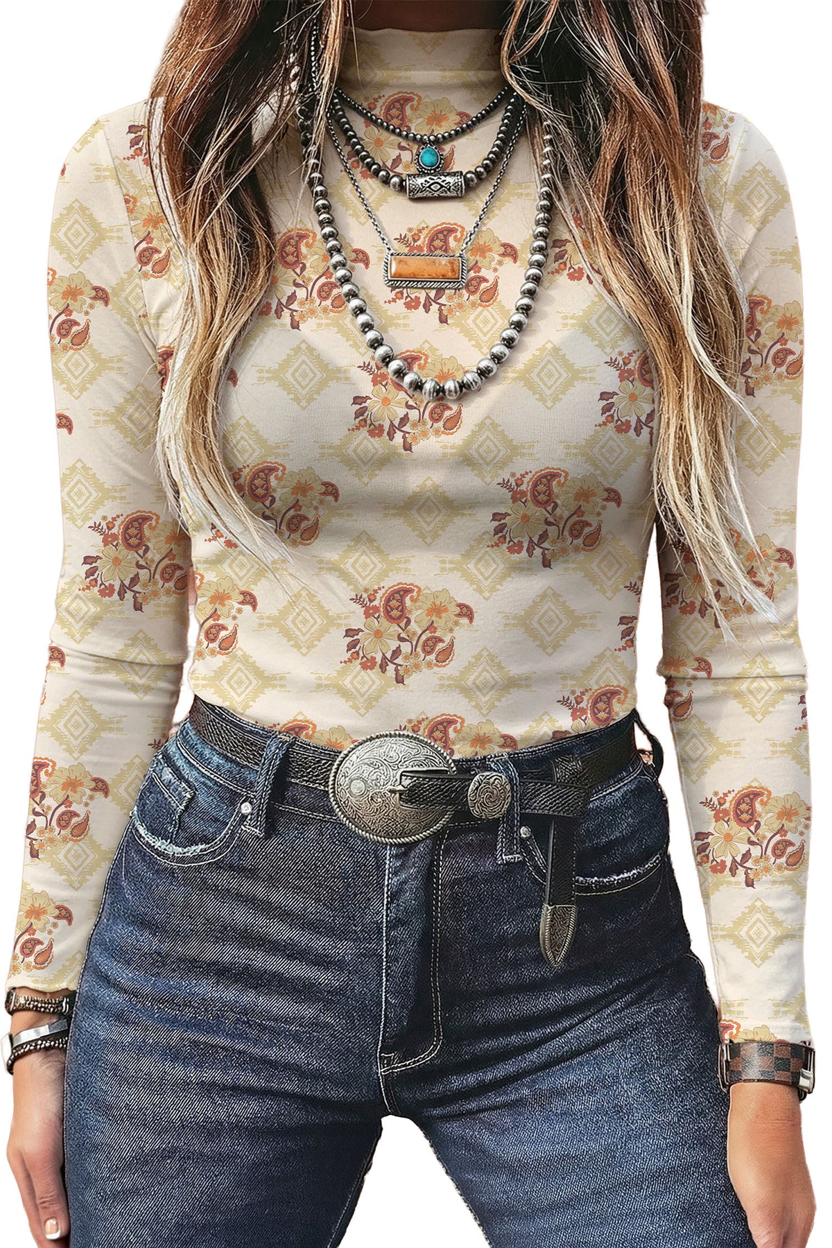 Beige Floral Print Slim Fit Mesh Long Sleeve Mock Neck Top