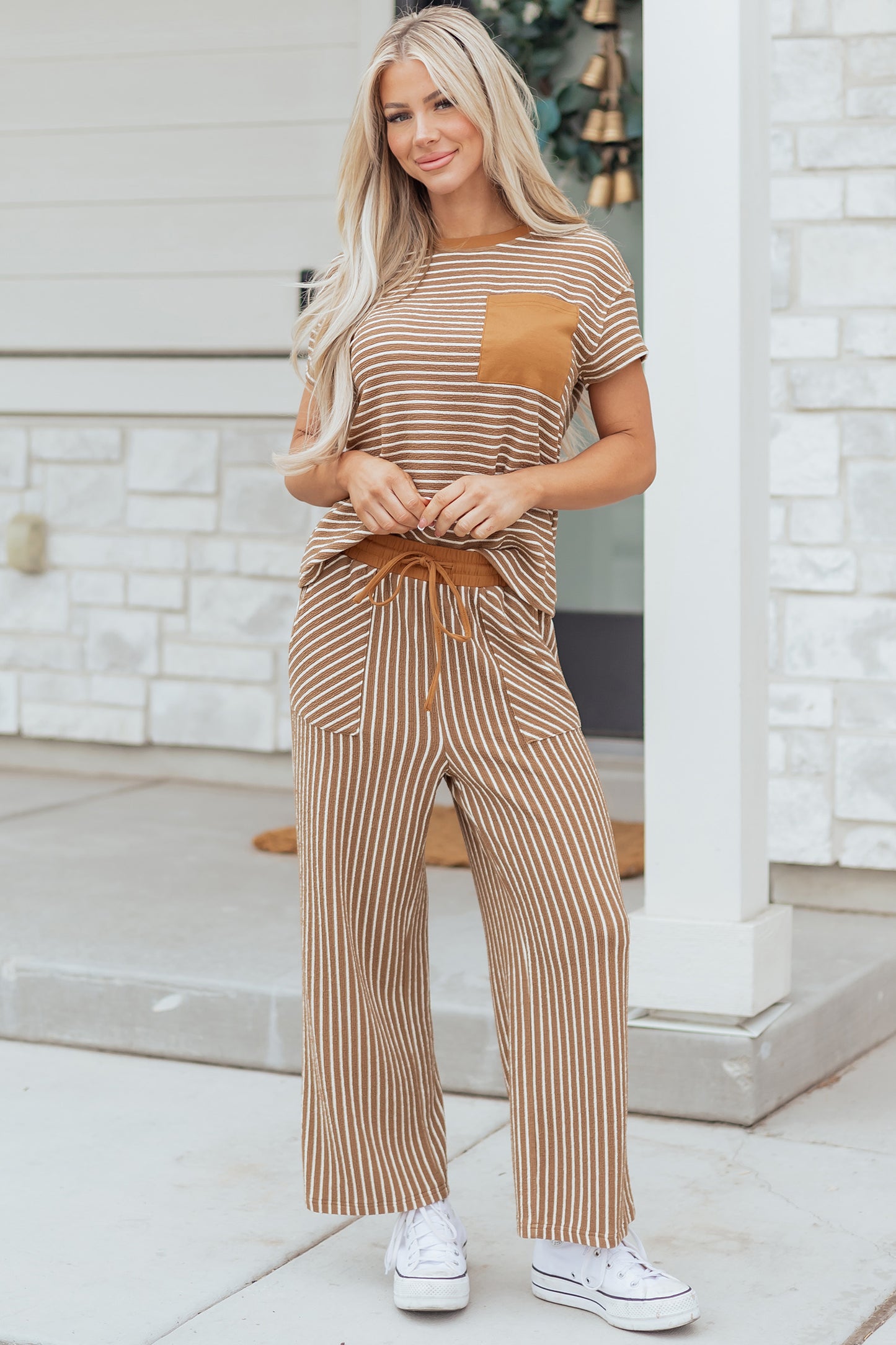 Striped Drawstring Waist Cropped Pants 2 Piece Set