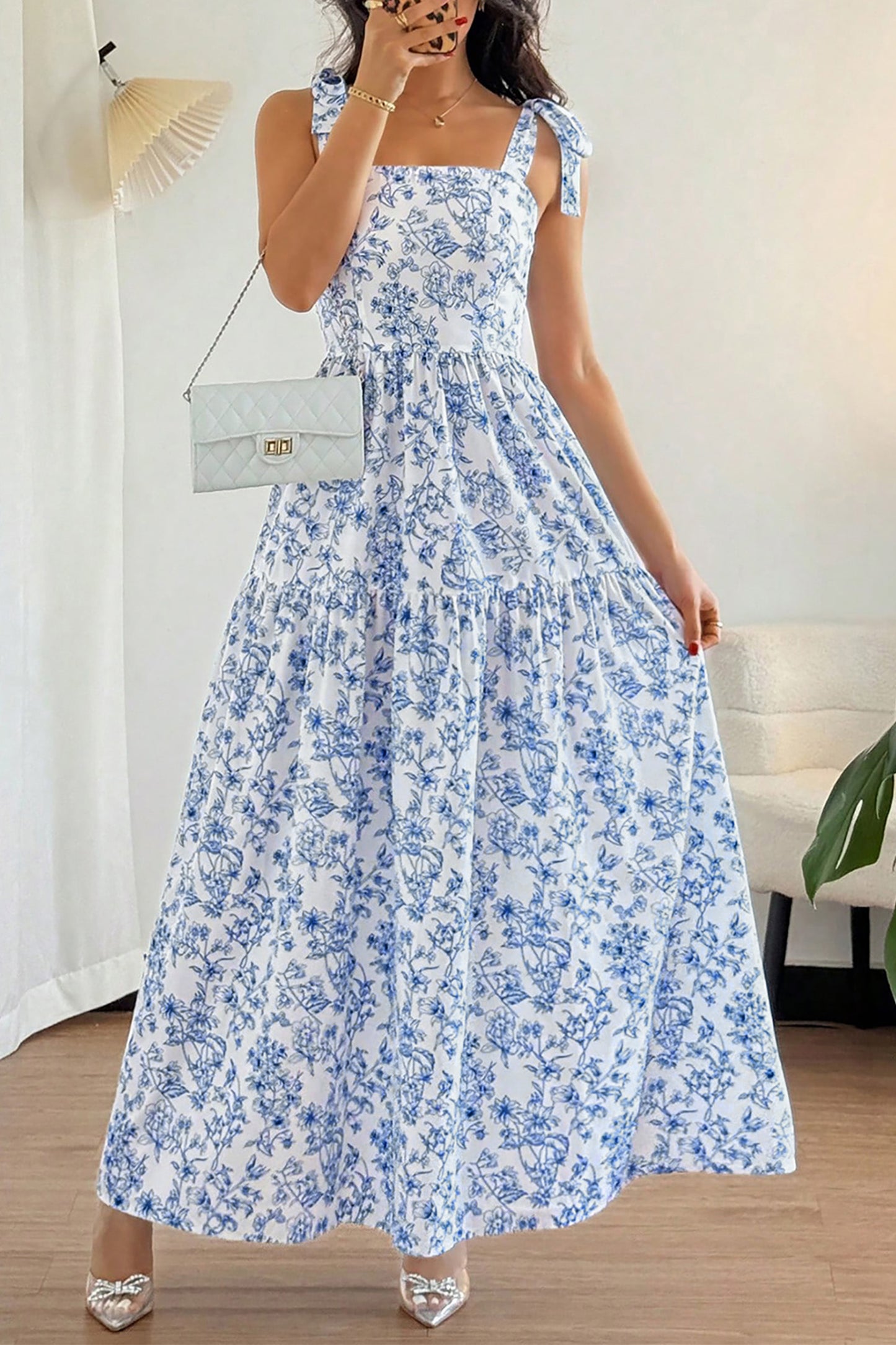 Sky Blue Floral Print Knot Flared Maxi Dress