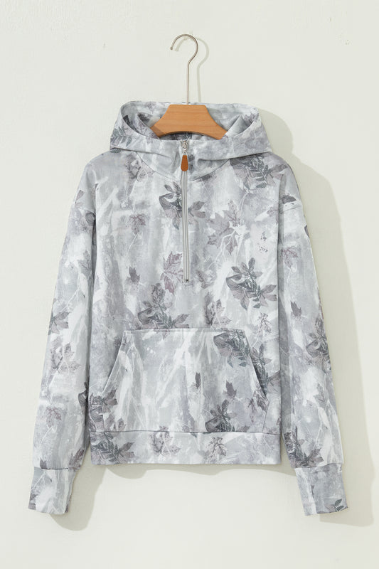 eGray Camo Leaf Print Kangaroo Pocket Quarter Zip Sweatshirt