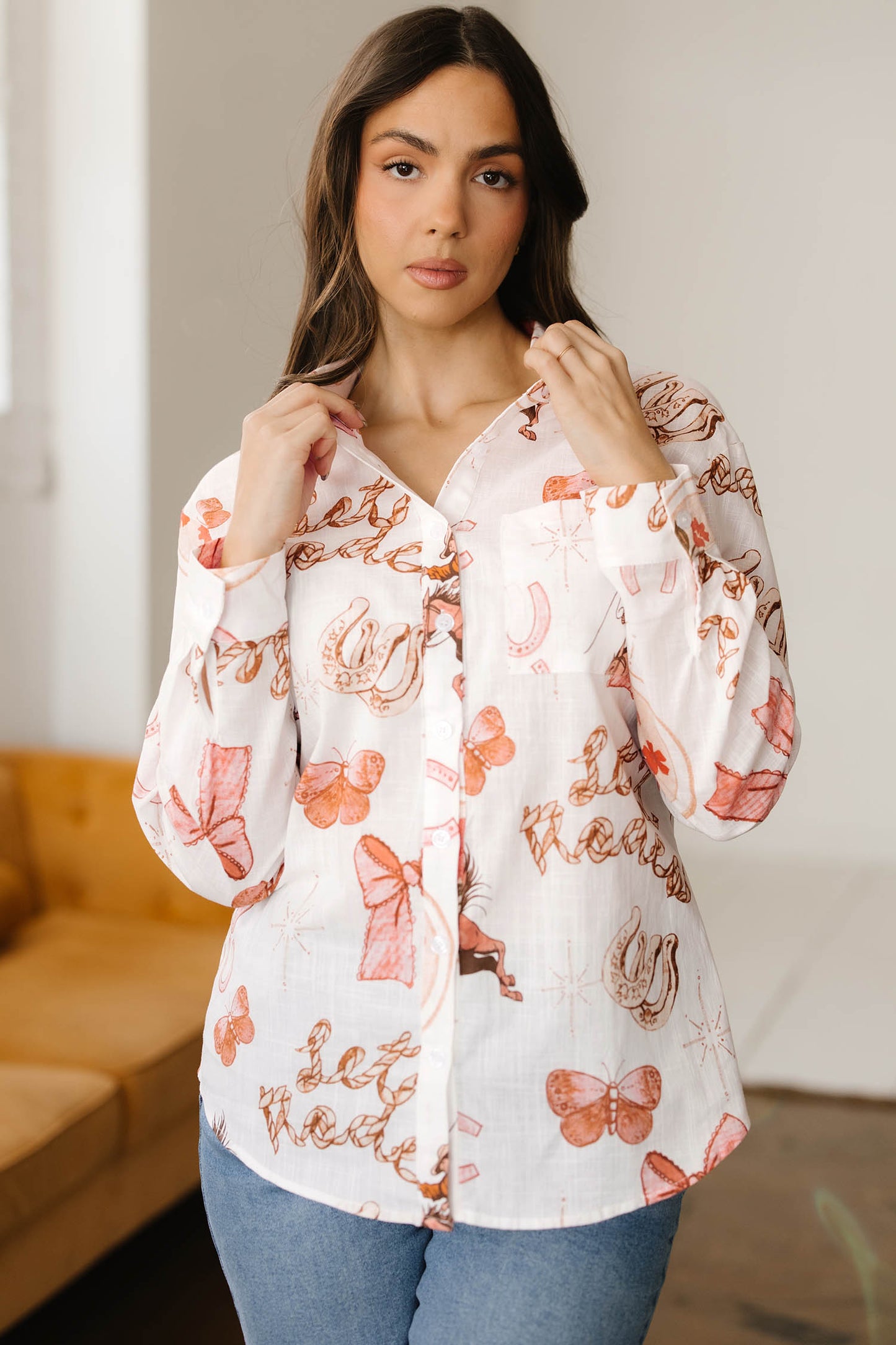 White Rodeo Cowgirl Print Western Button up Top