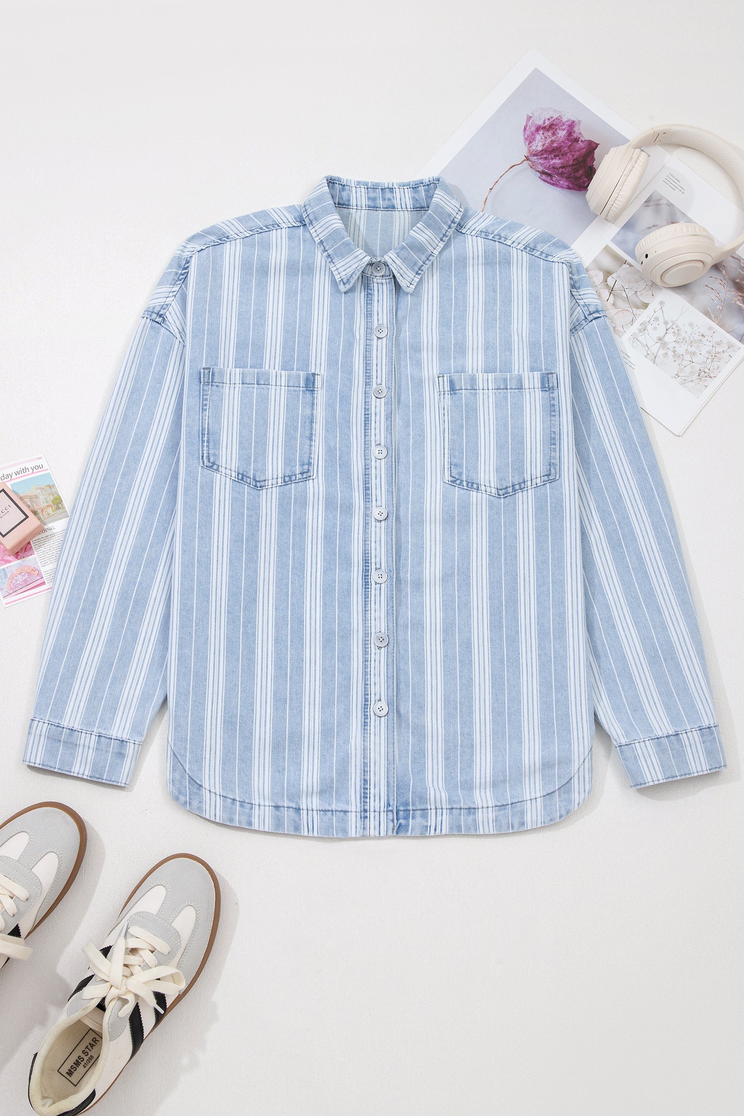 Sky Blue Stripe Boyfriend Chest Pocket Classic Denim Top