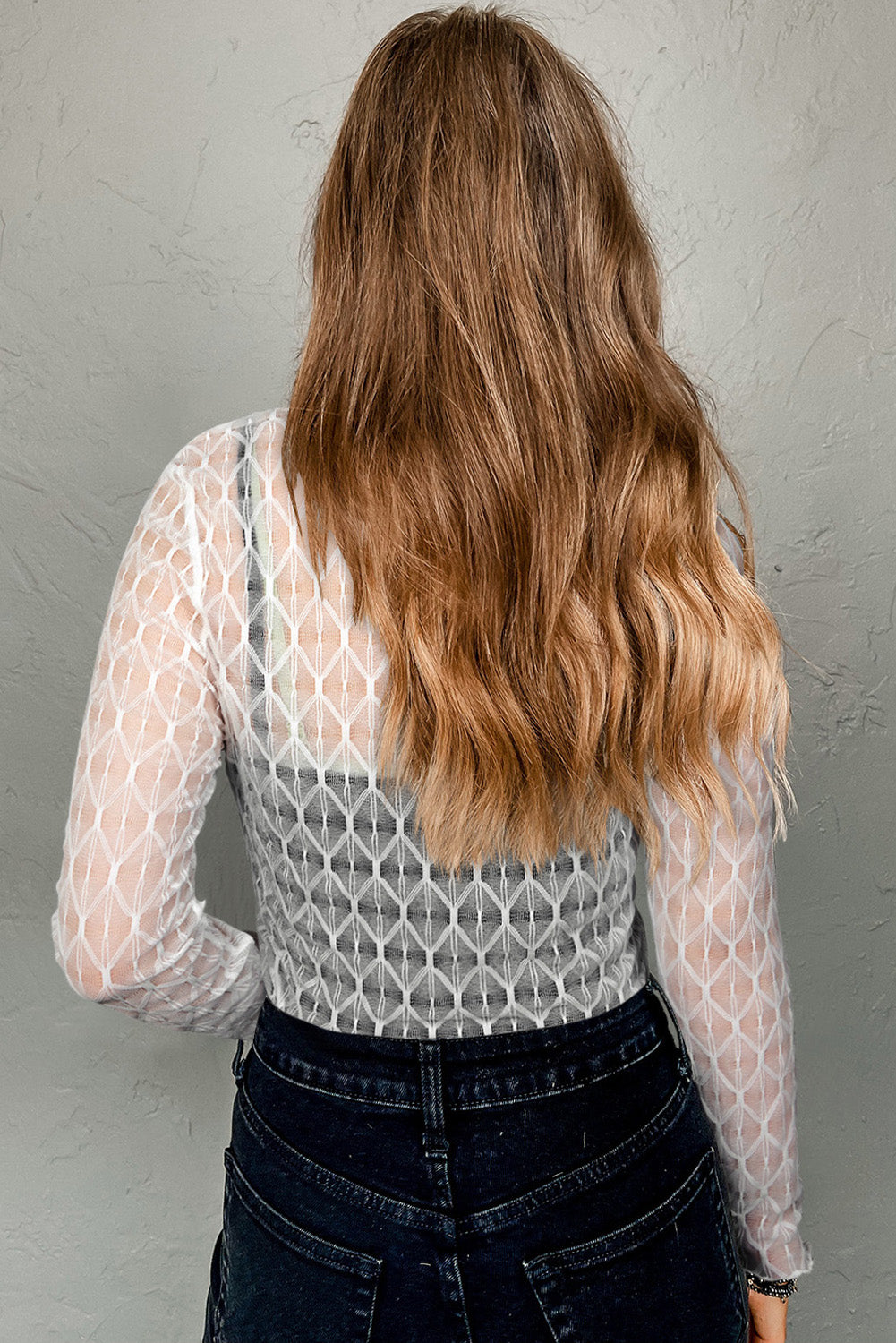 Coffee Sheer Mesh Long Sleeve Top