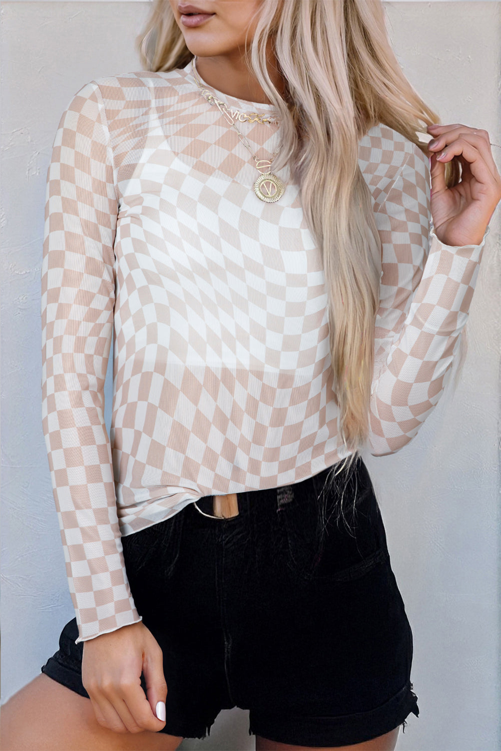 Black Checkered Pattern Mesh Mock Neck Long Sleeve Top