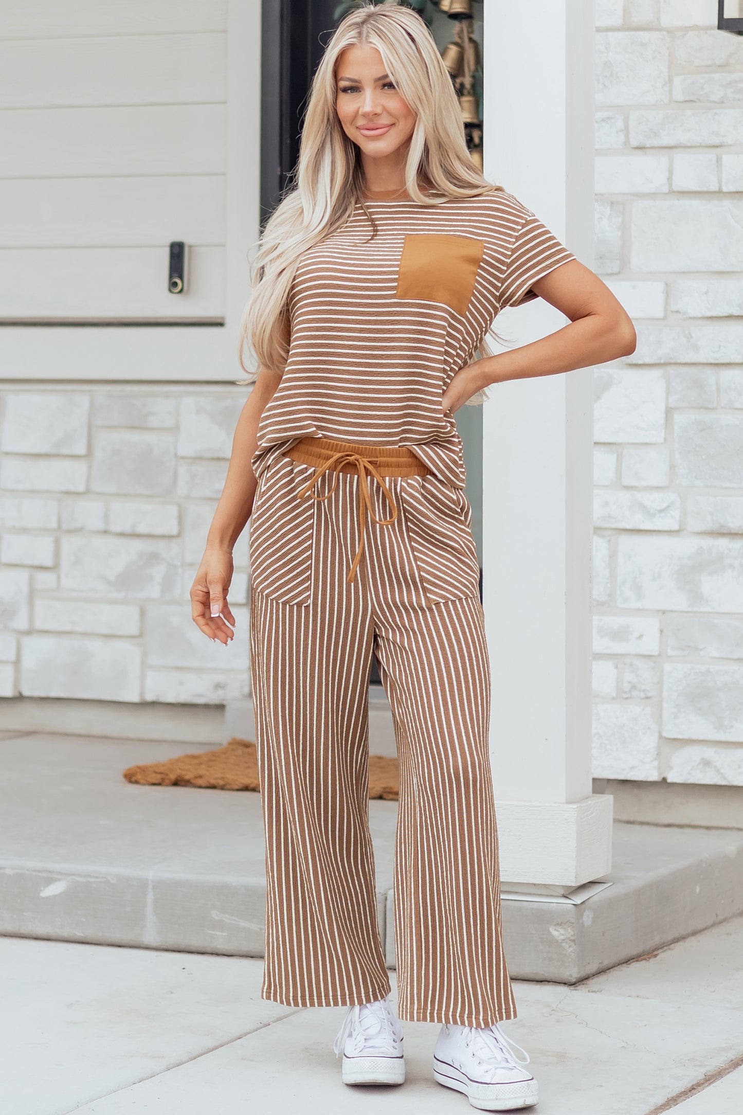 Striped Drawstring Waist Cropped Pants 2 Piece Set