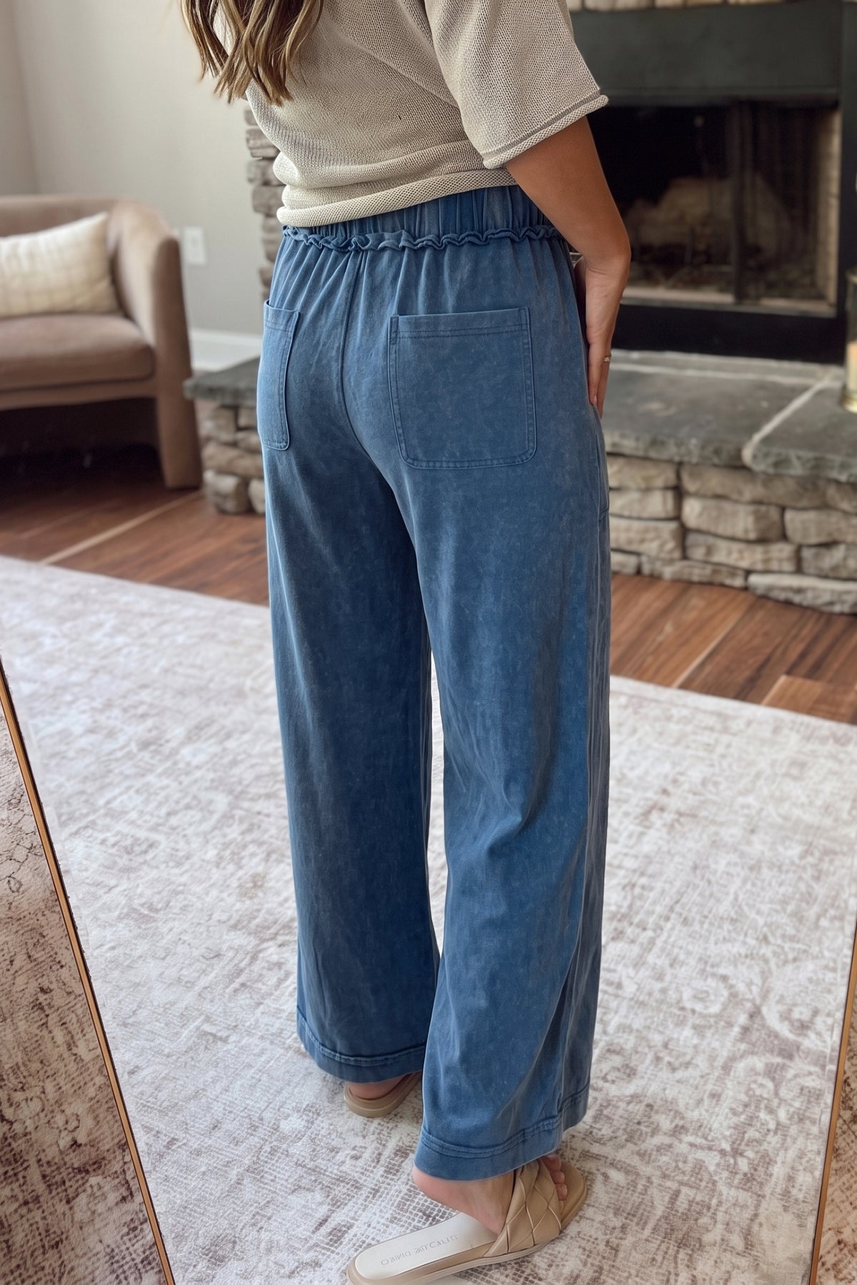 Jungle Green Mineral Wash Seam Detail Flare Leg Drawstring Pants