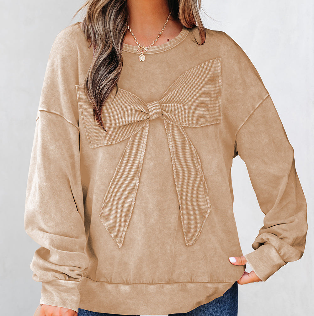 Mineral Wash Big Bow Patchwork  Sweatshirt