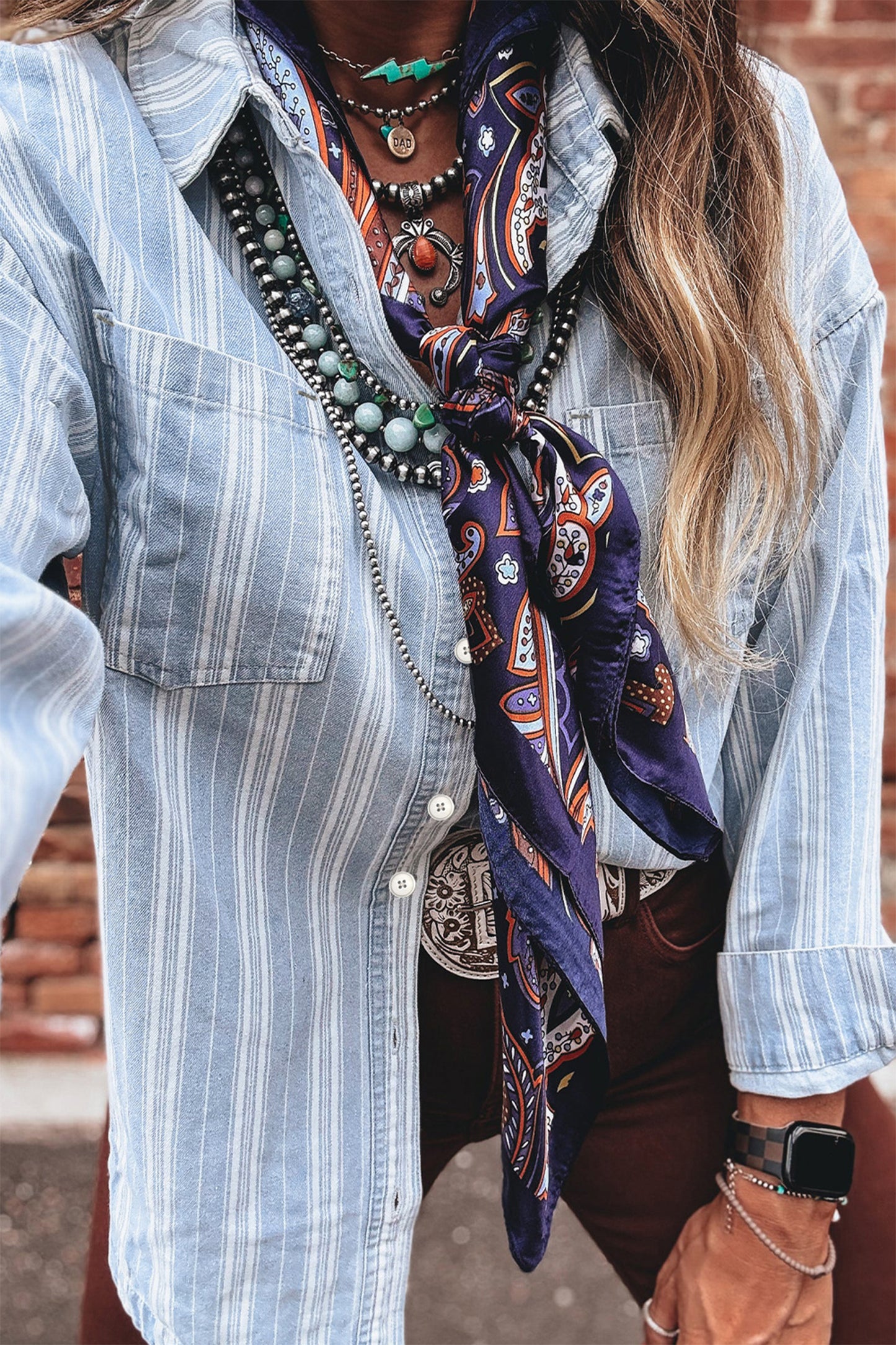 Sky Blue Stripe Boyfriend Chest Pocket Classic Denim Top