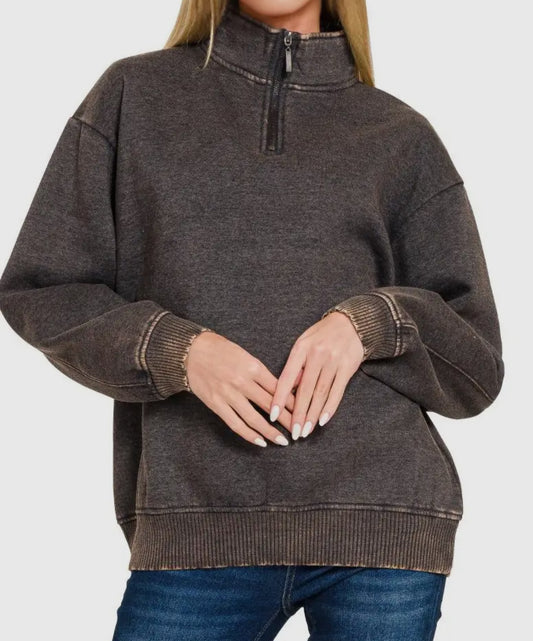 Zenana Acid Washed Half Zip Sweatshirt