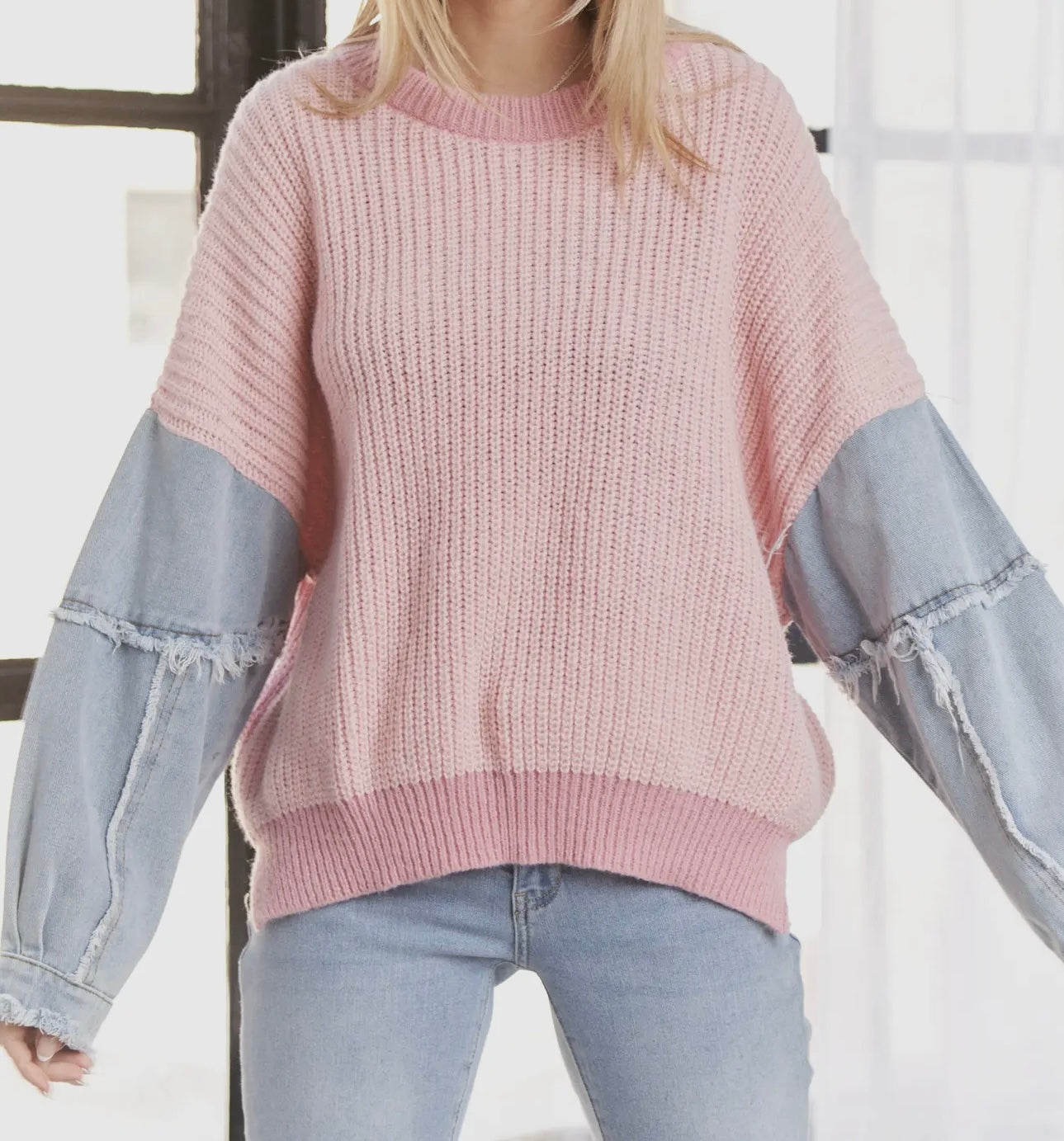Frayed Denim Sleeve Sweater