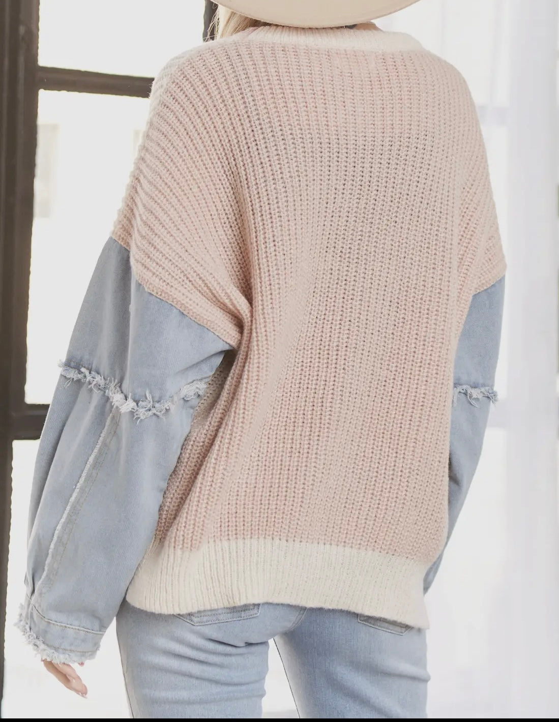 Frayed Denim Sleeve Sweater