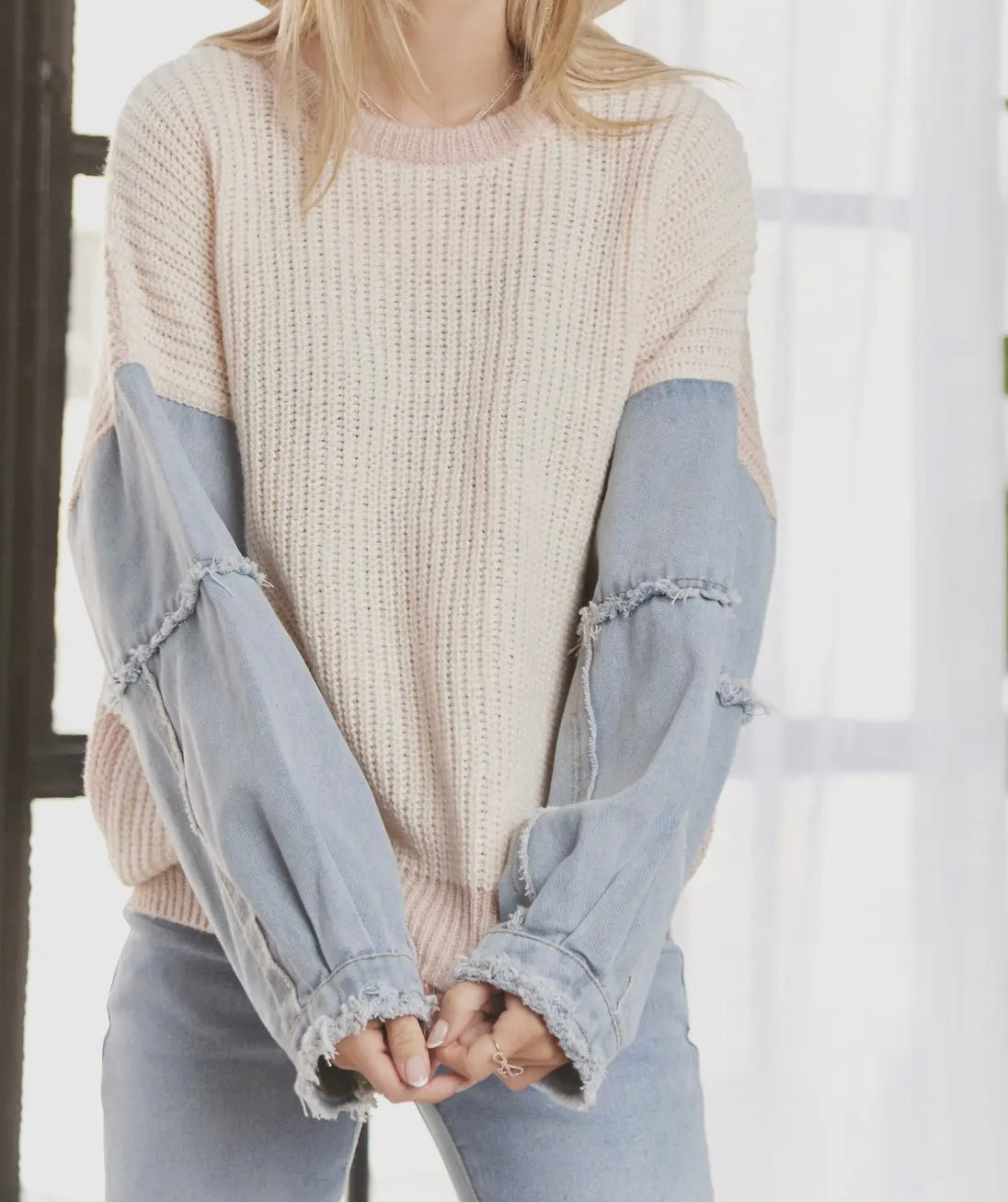 Frayed Denim Sleeve Sweater