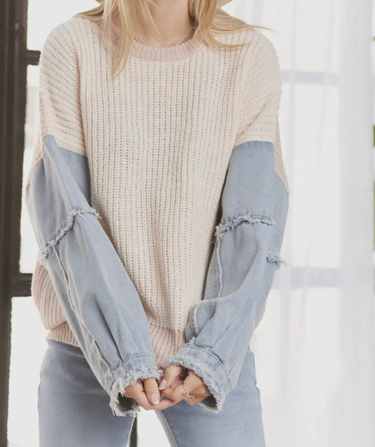 Frayed Denim Sleeve Sweater