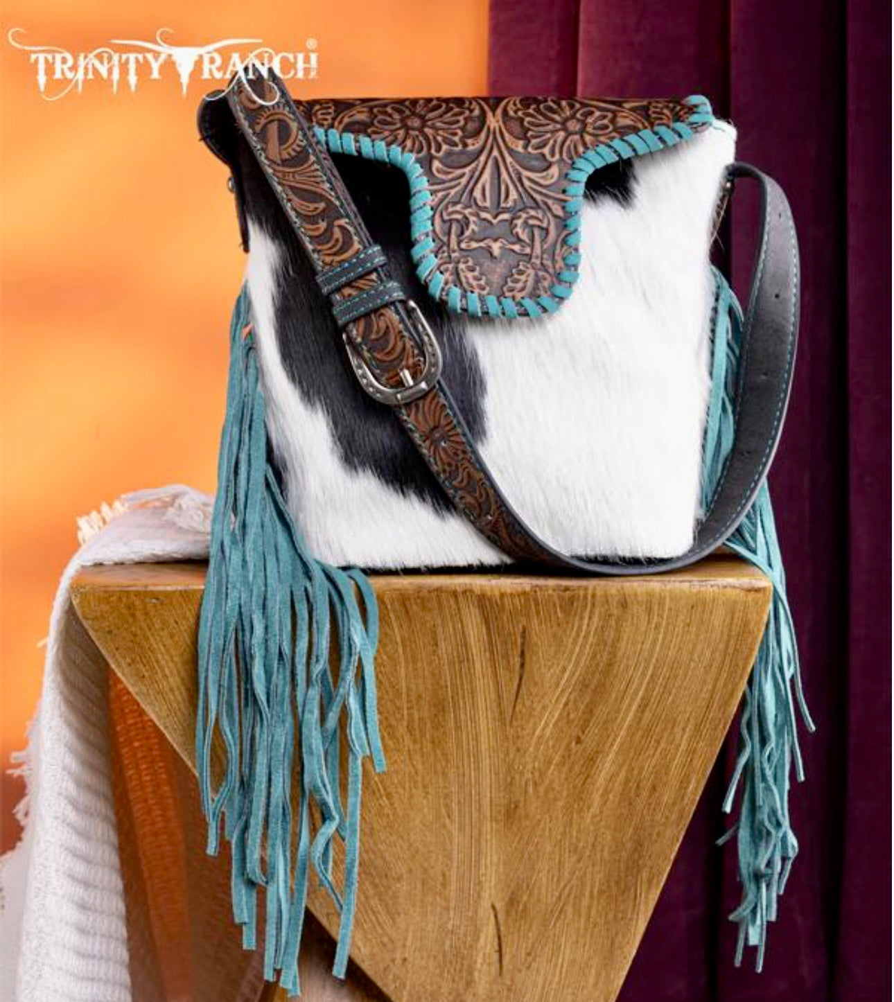 Trinity Ranch Genuine Hair-On Cowhide Tooled Fringe Shoulder Bag