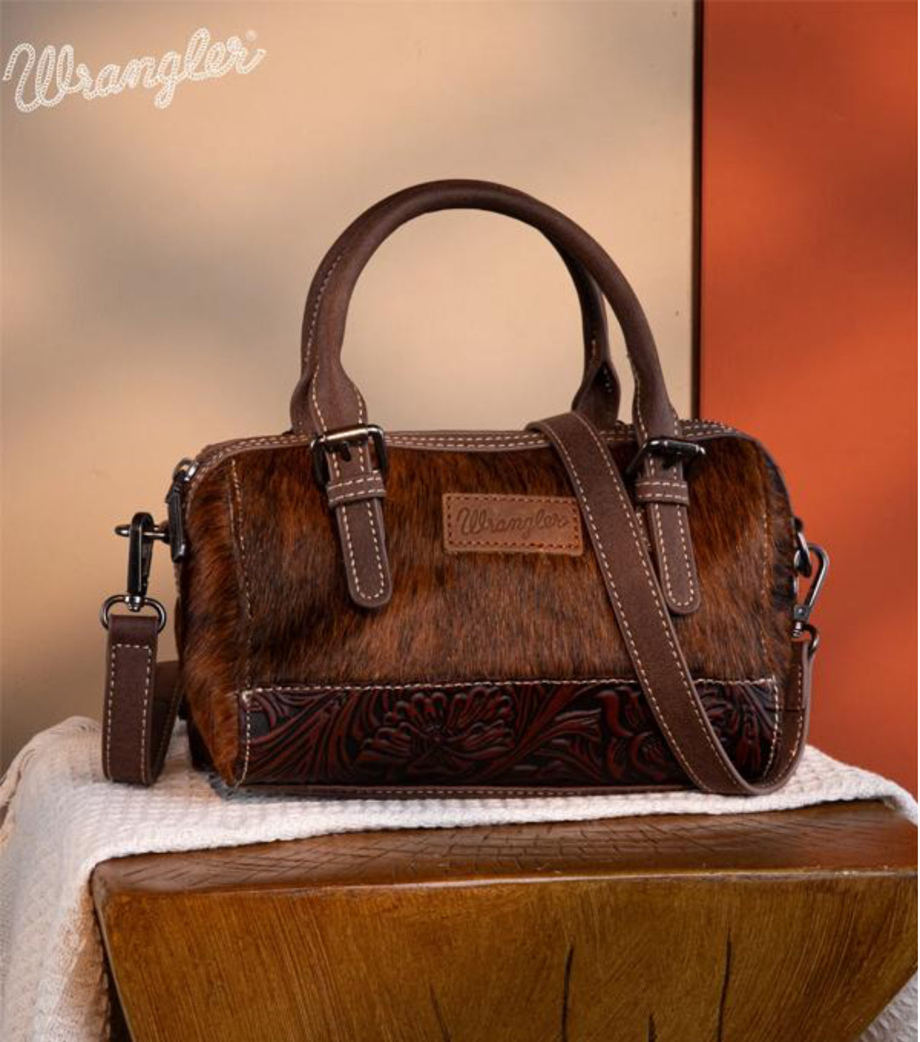 Wrangler Genuine Hair-On Cowhide Barrel Crossbody Purse