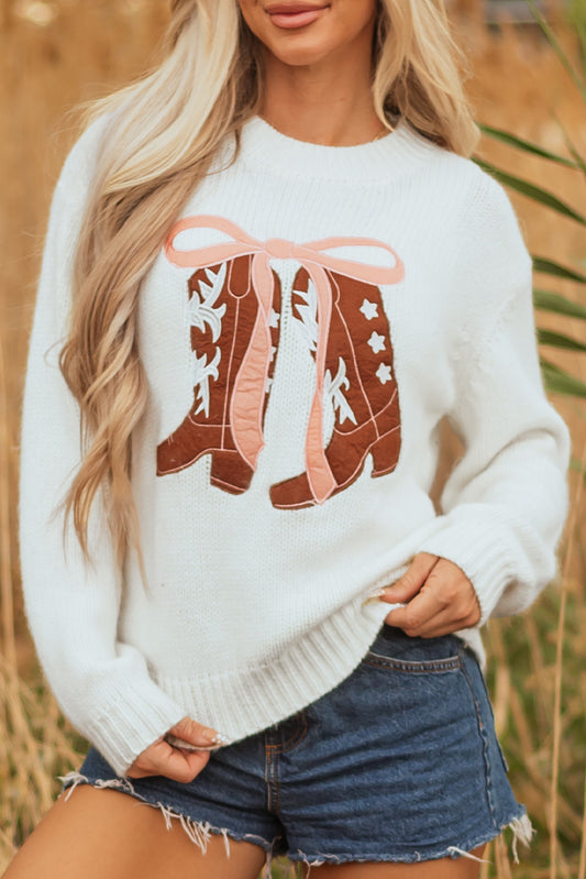 White Embroidered Bow Boots Sweater