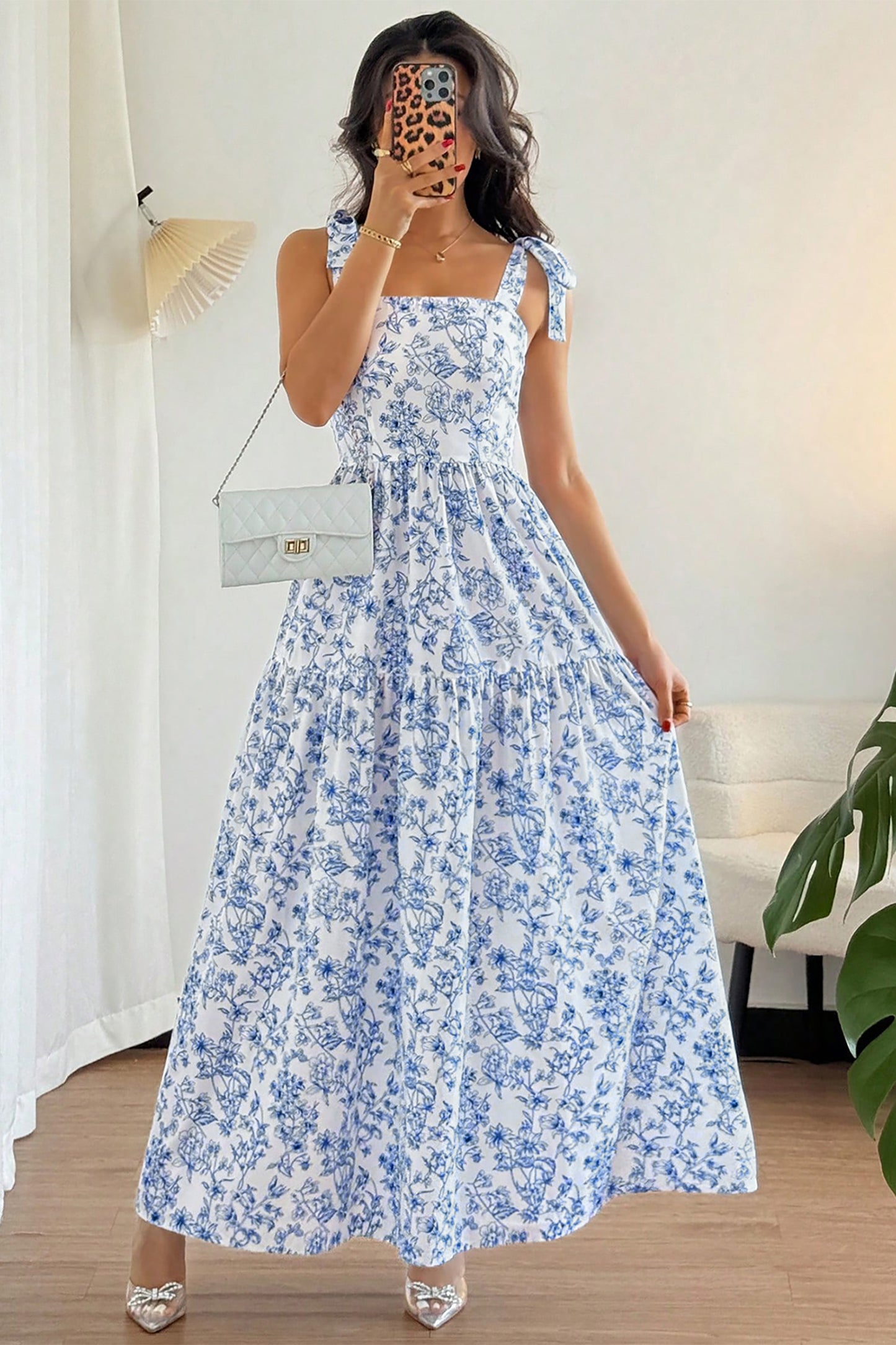 Sky Blue Floral Print Knot Flared Maxi Dress