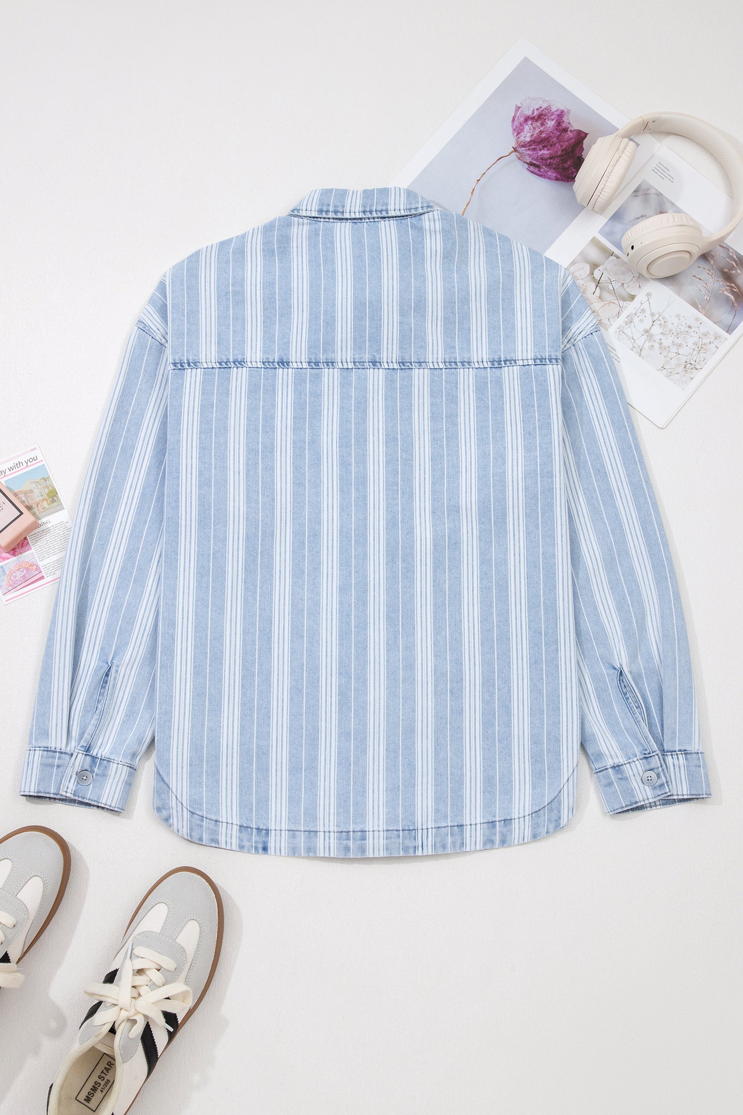 Sky Blue Stripe Boyfriend Chest Pocket Classic Denim Top