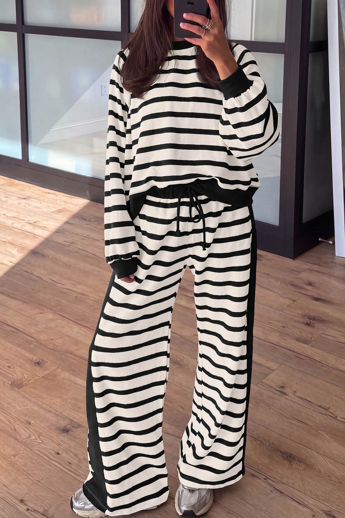 Khaki Stripe Relaxed Long Sleeve Top Color Block Detail Drawstring Pant Set