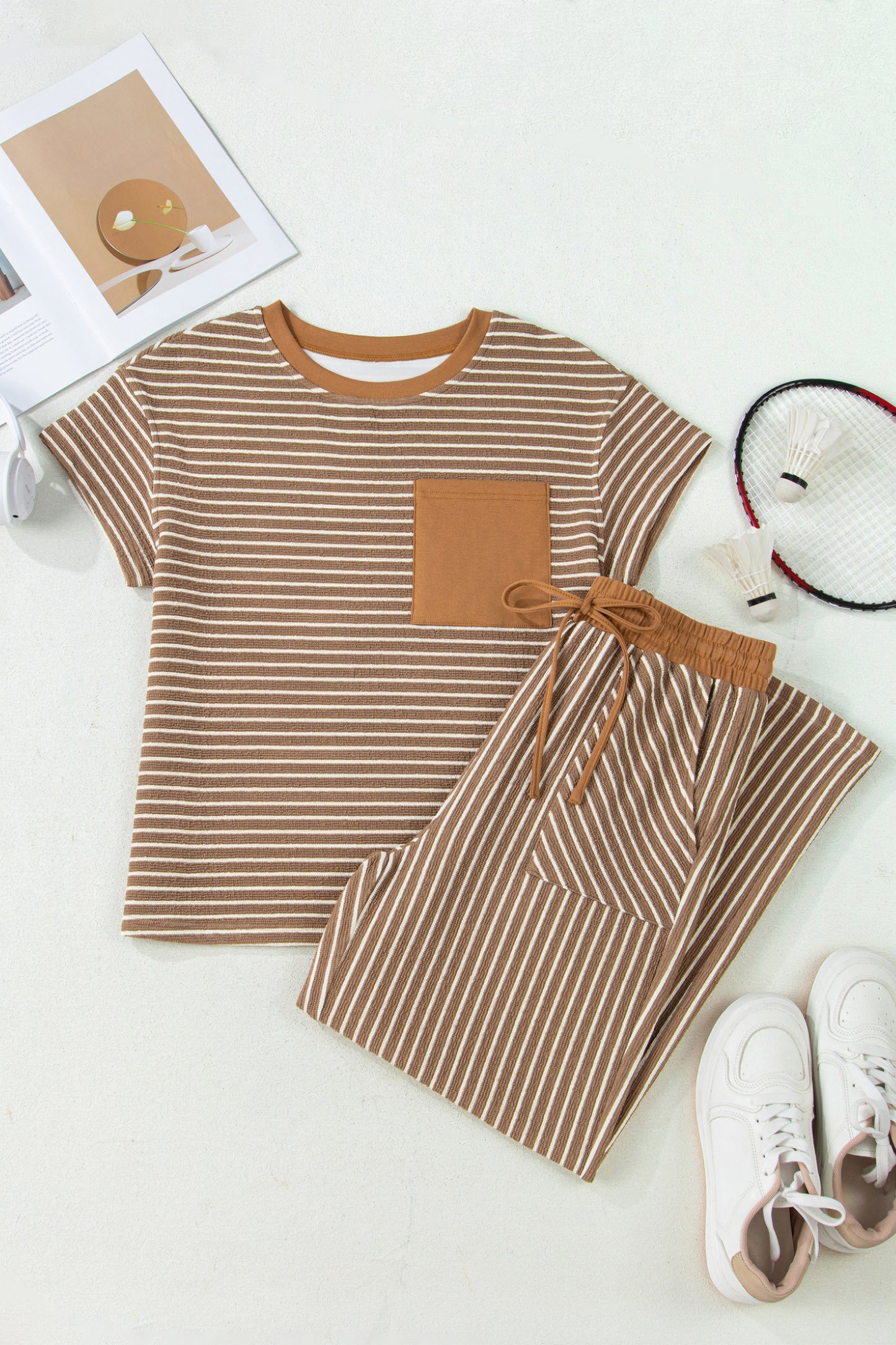 Striped Drawstring Waist Cropped Pants 2 Piece Set