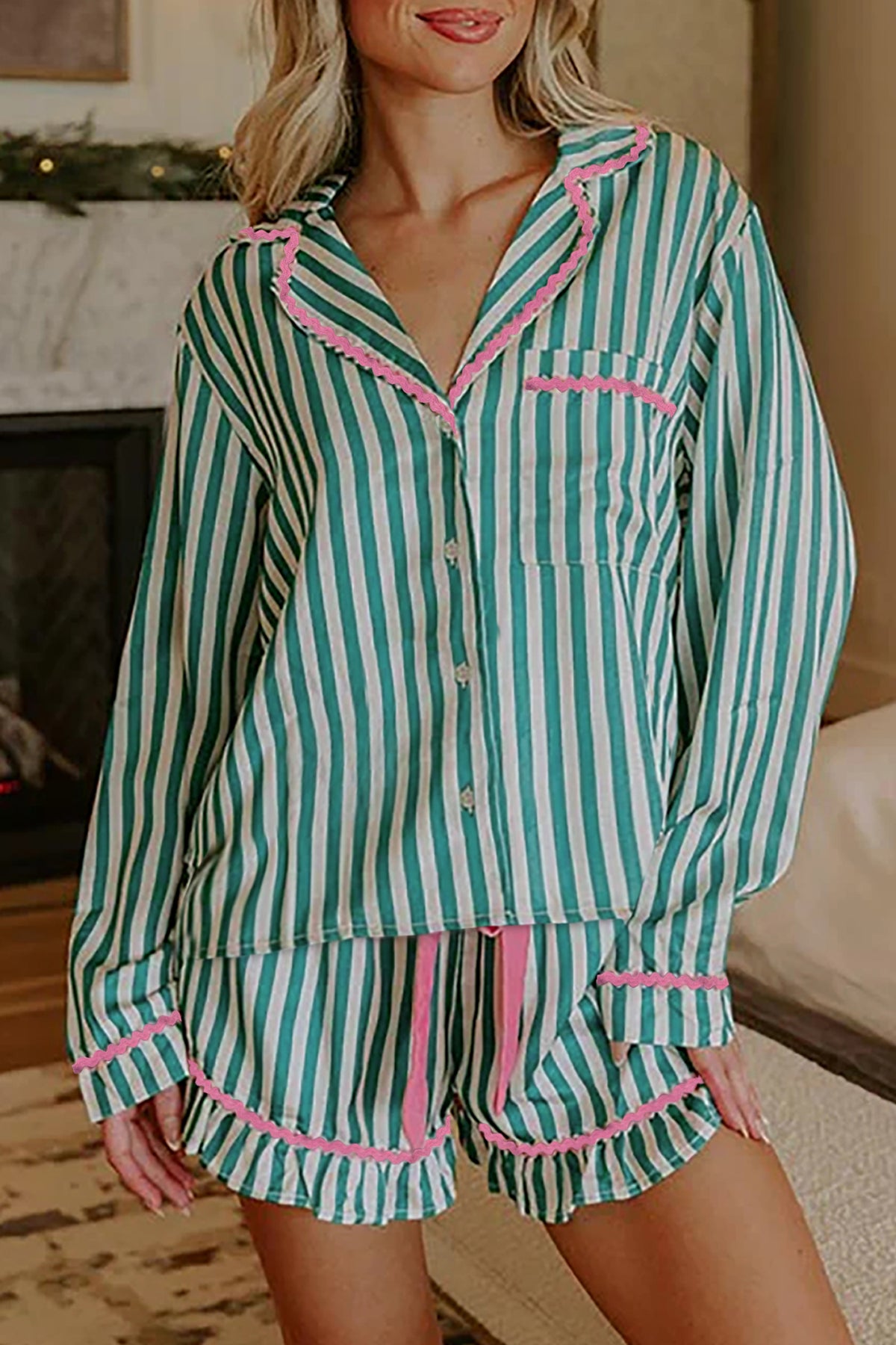 Green Stripe Contrast Ricrac Trim Long Sleeve Shirt Drawstring Ruffled Pajama Short Set