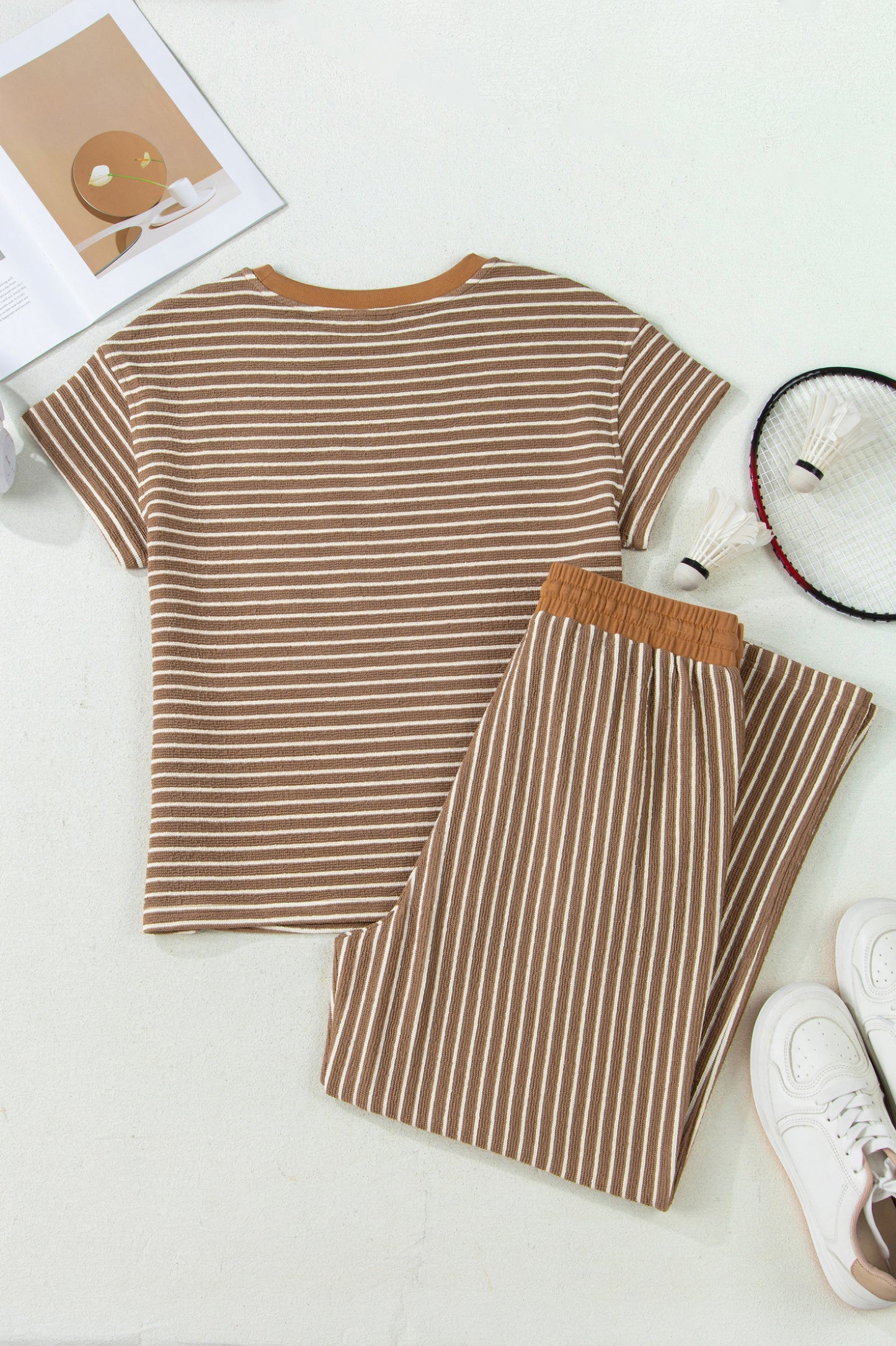 Striped Drawstring Waist Cropped Pants 2 Piece Set