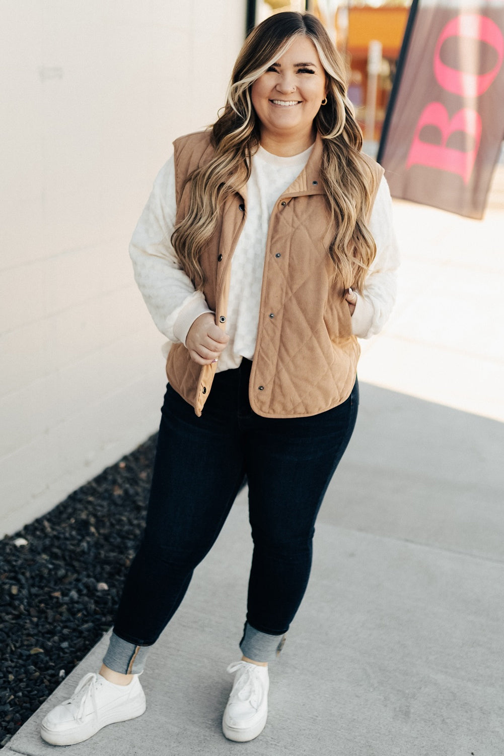 Plus Size Quilted Cord Snap Button Vest